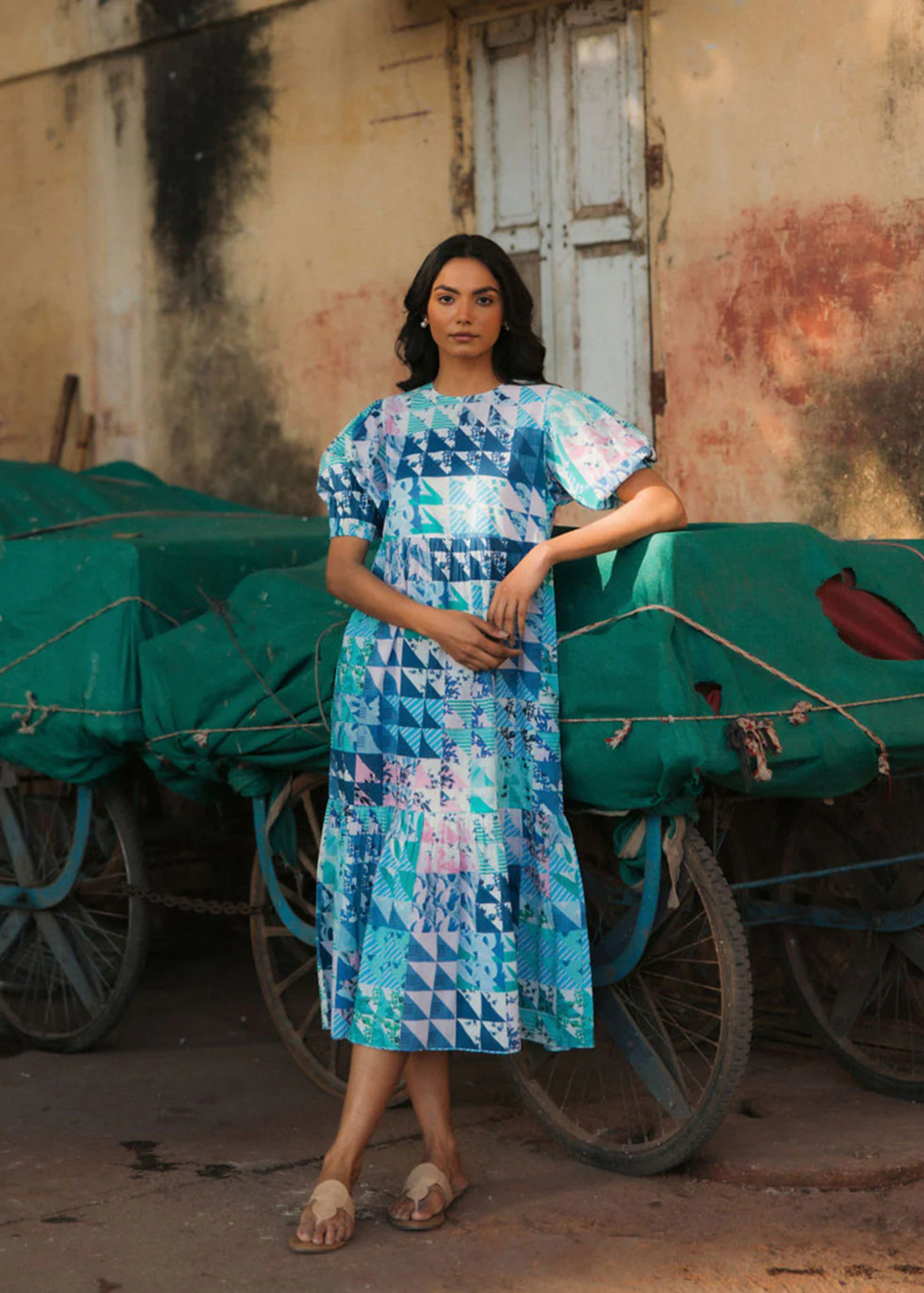 Lara dress, blue and green geo