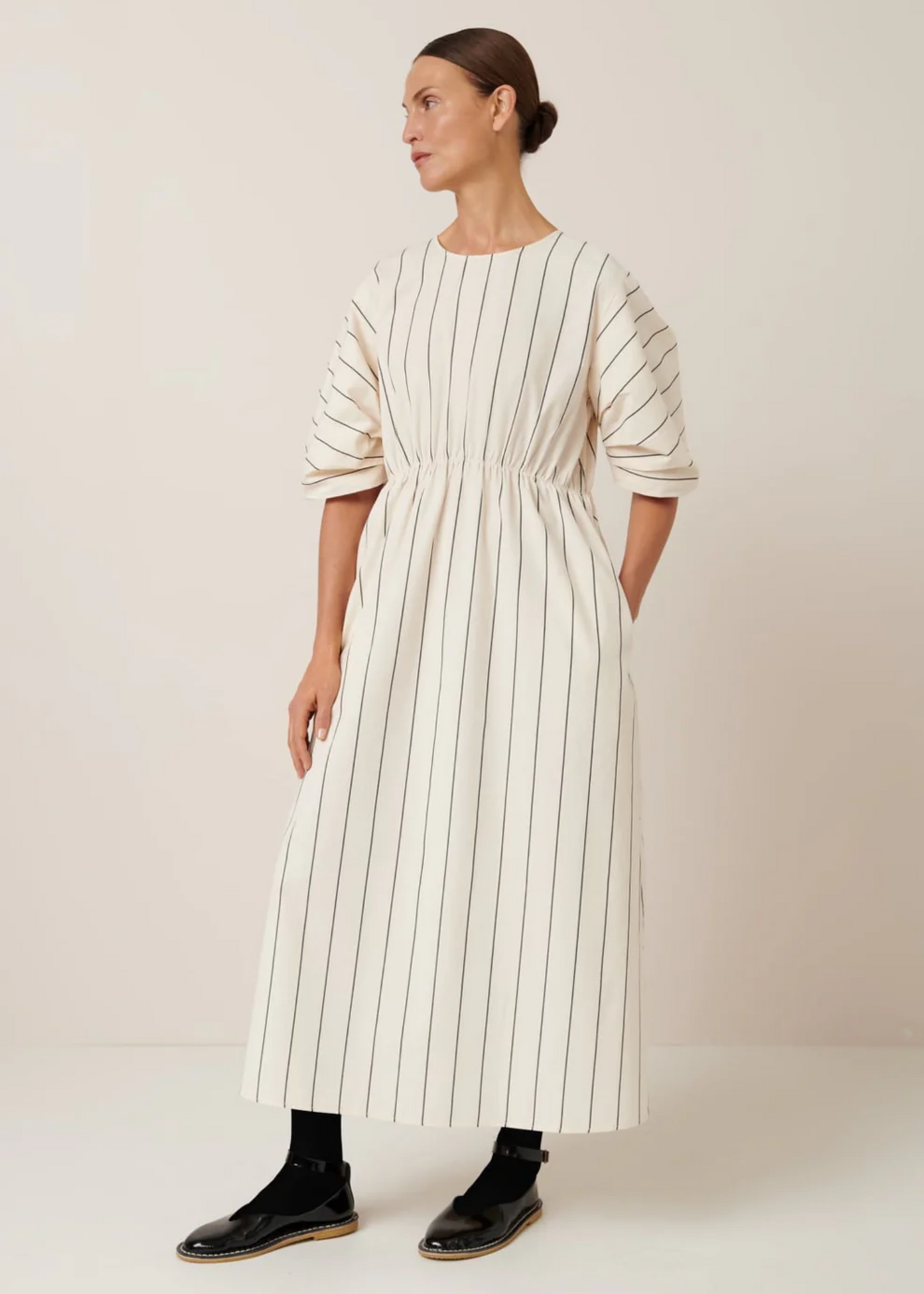 Ellora dress, greige pinstripe