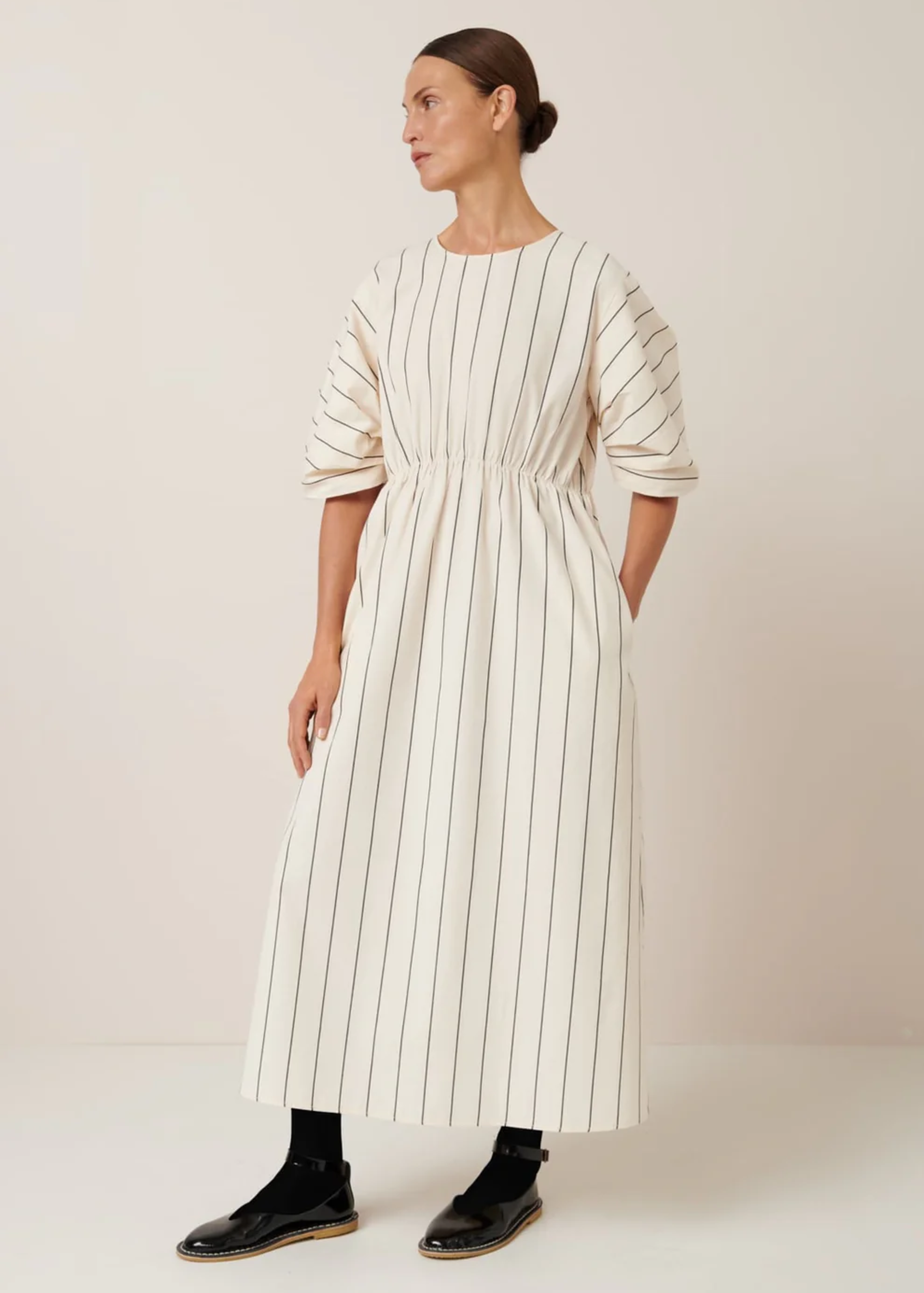 Ellora dress, greige pinstripe
