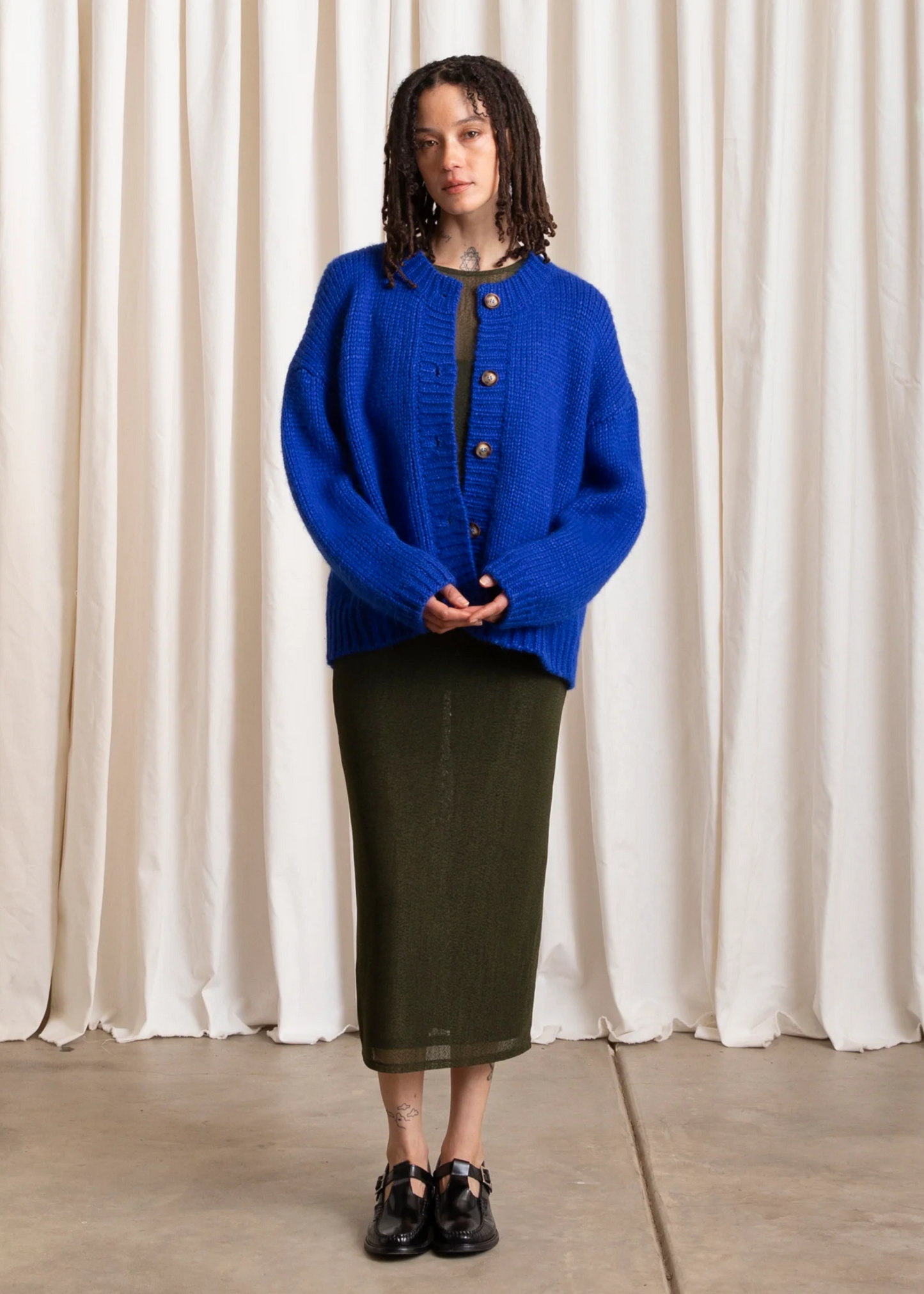 Merino crew neck cardigan, cobalt