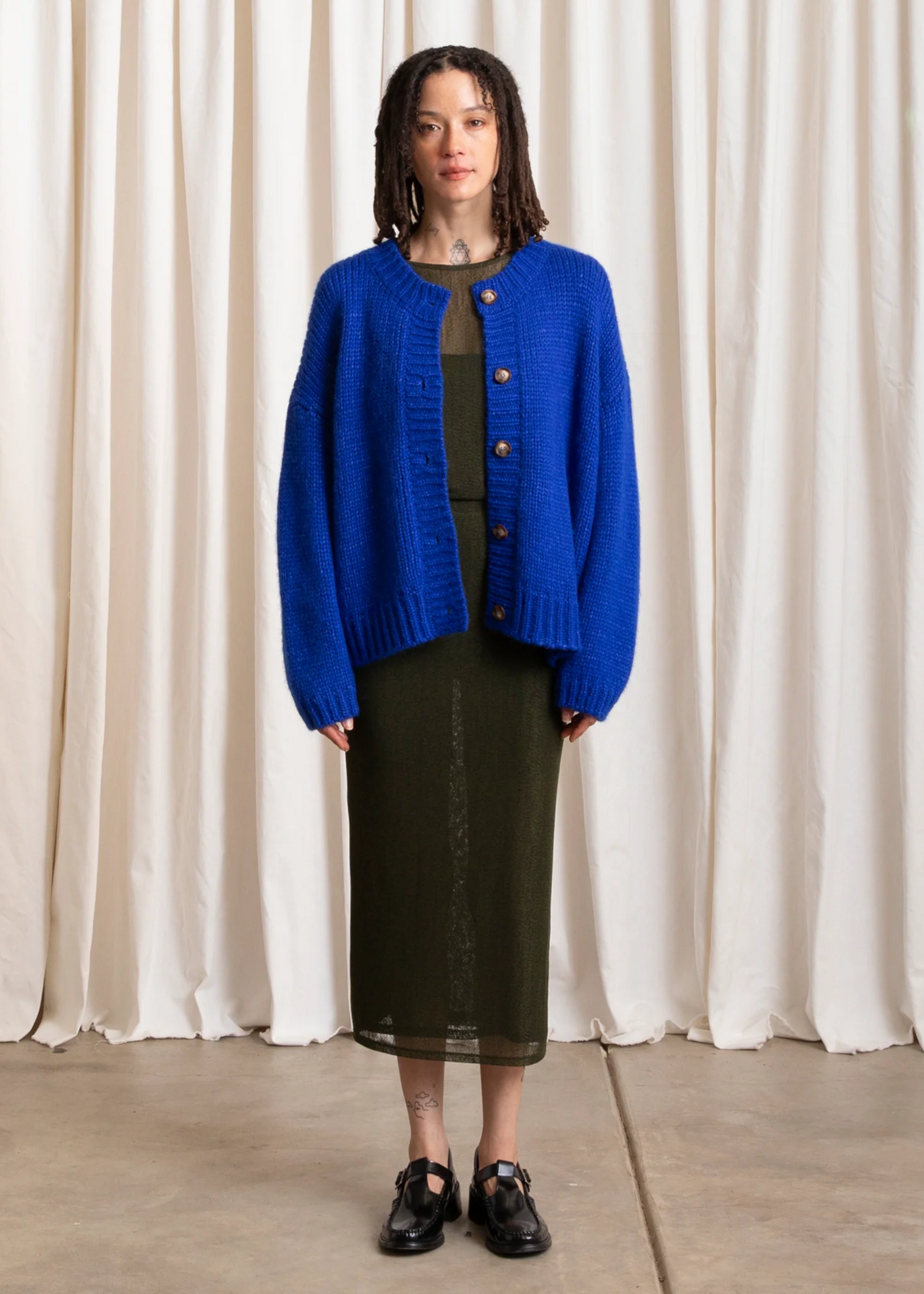Merino crew neck cardigan, cobalt