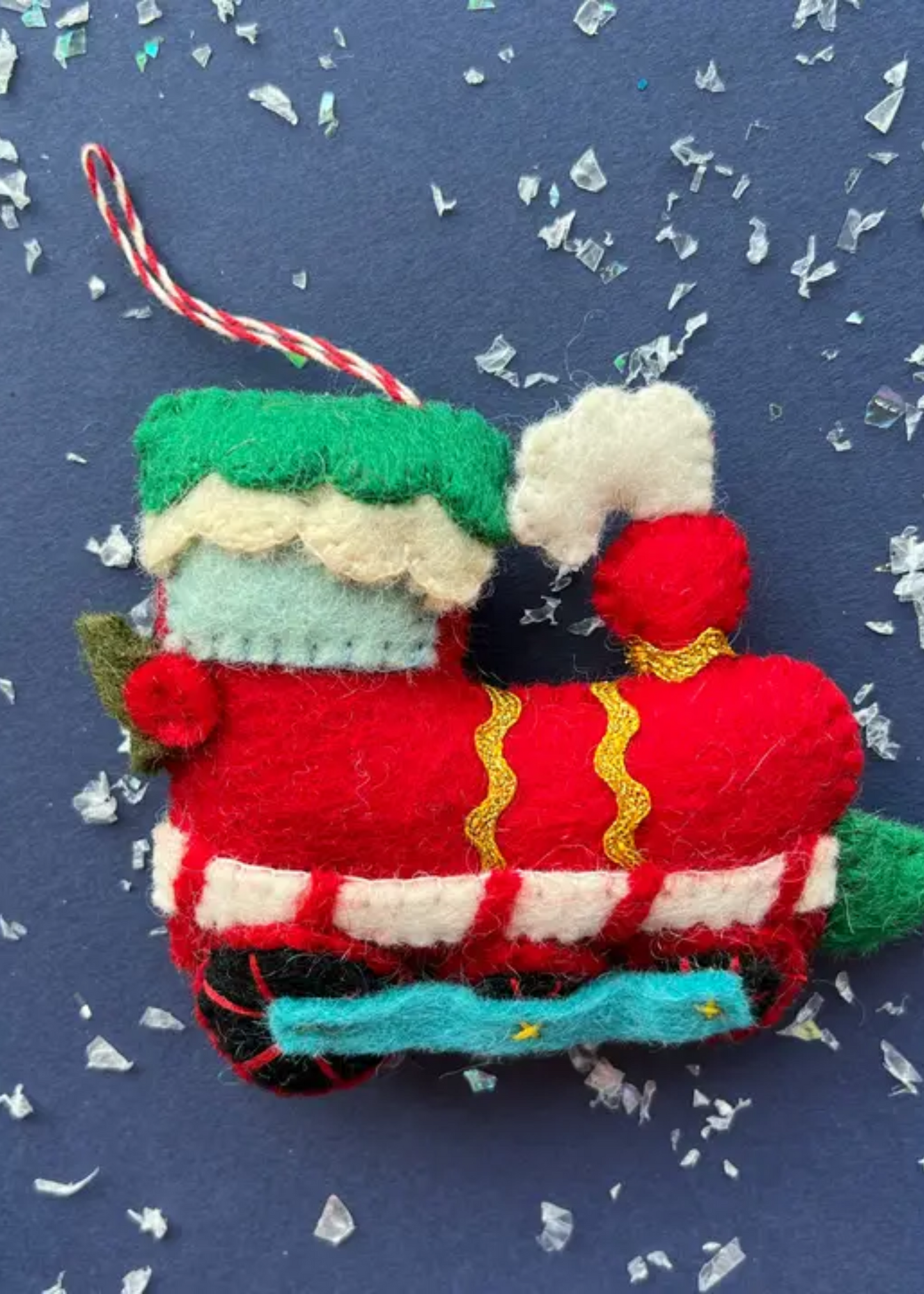 Red steam train felt wool ornament