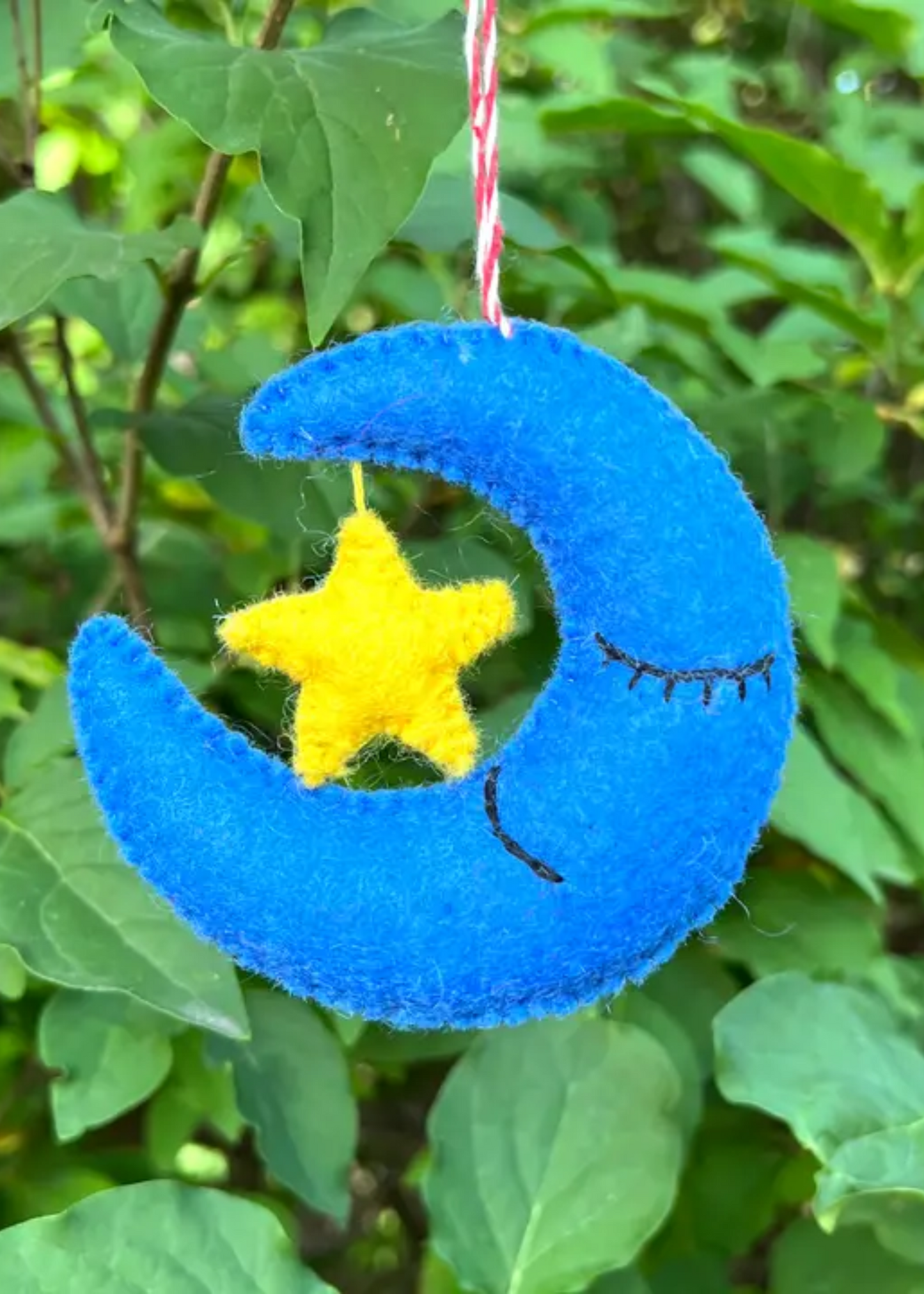 Moon and star felt wool ornament