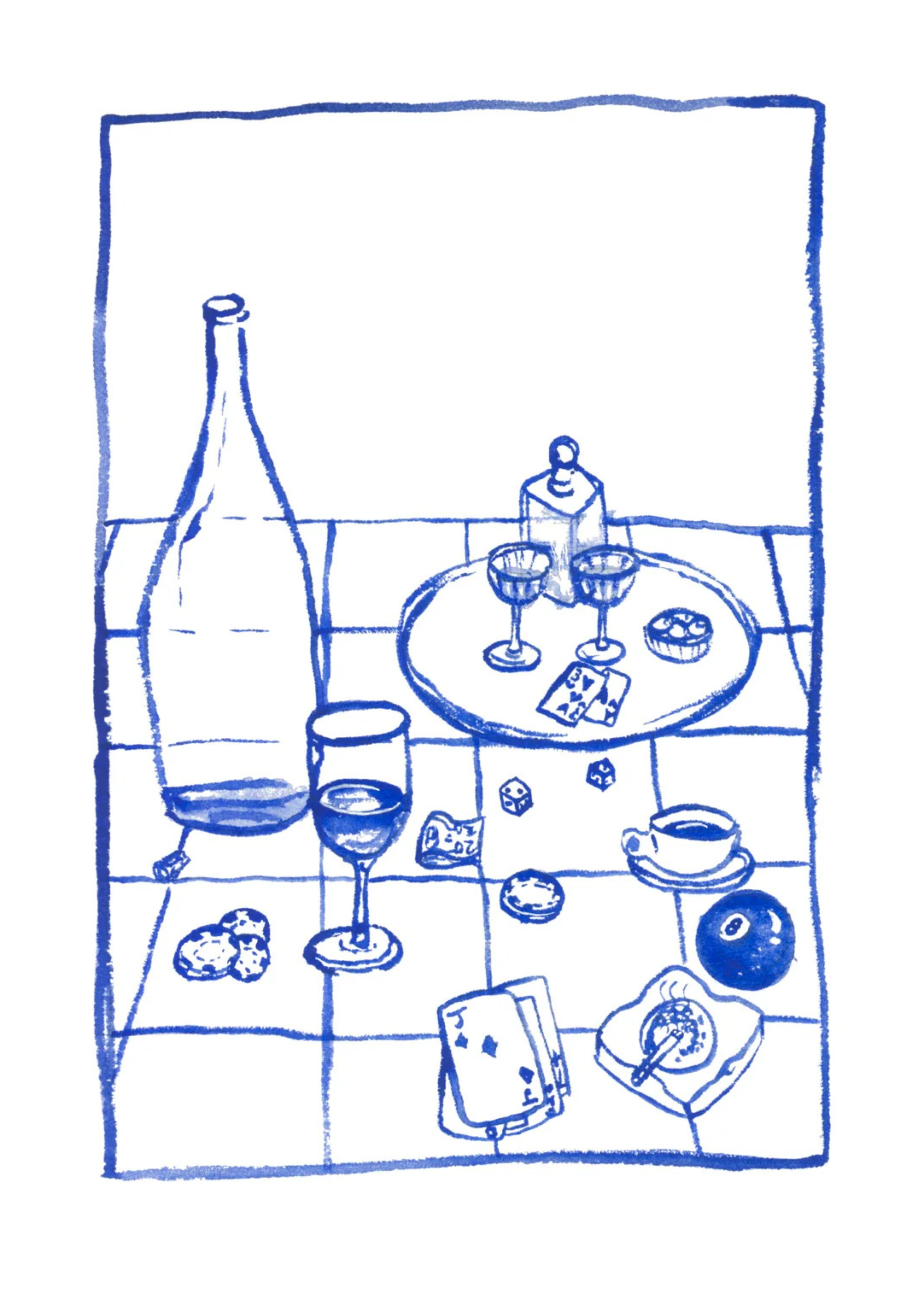 Kitchen line drawing art print, blue