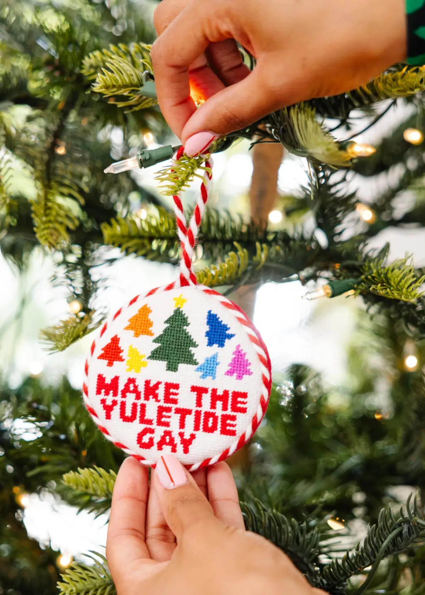 Needlepoint ornament, yuletide gay