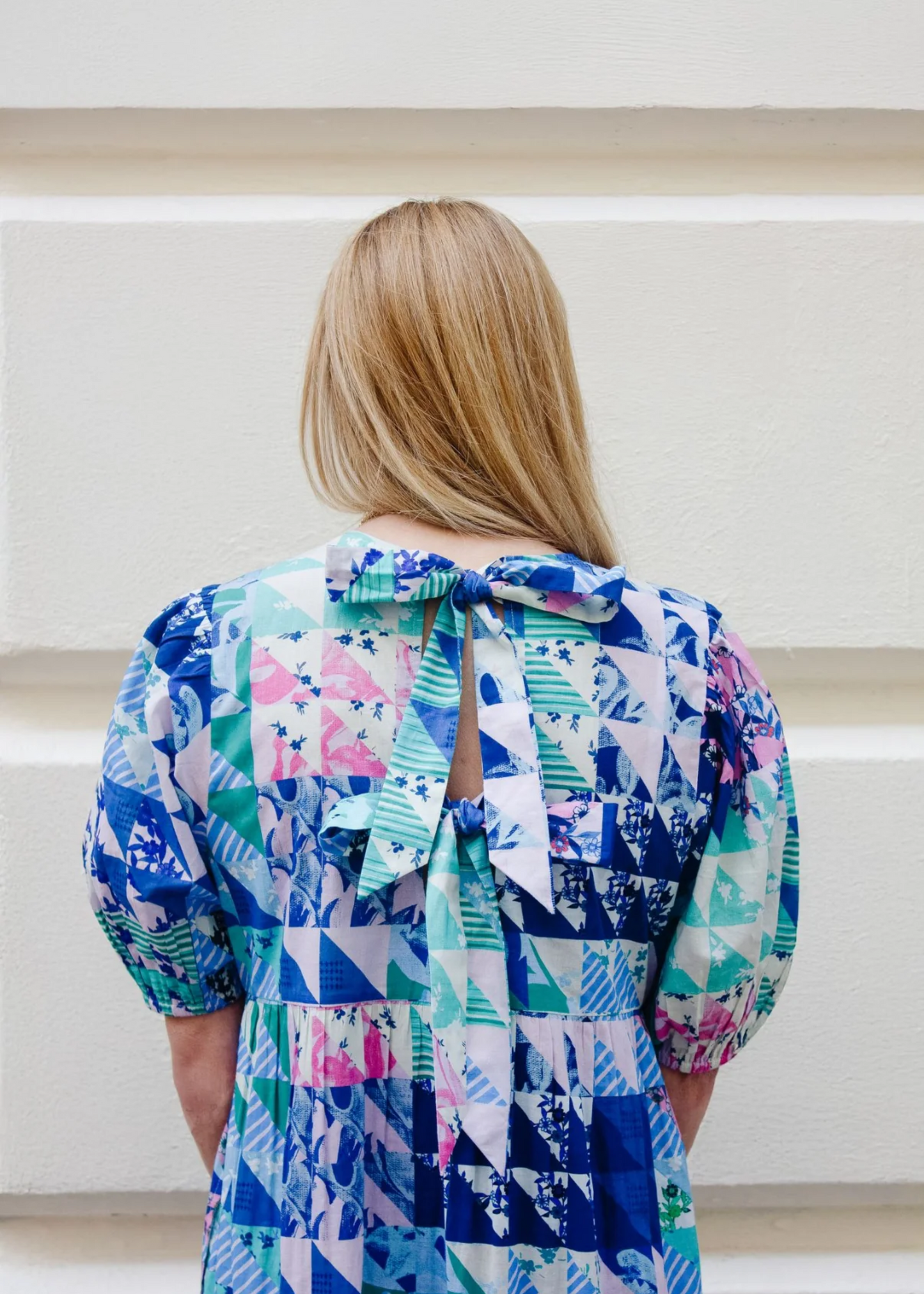 Lara dress, blue and green geo