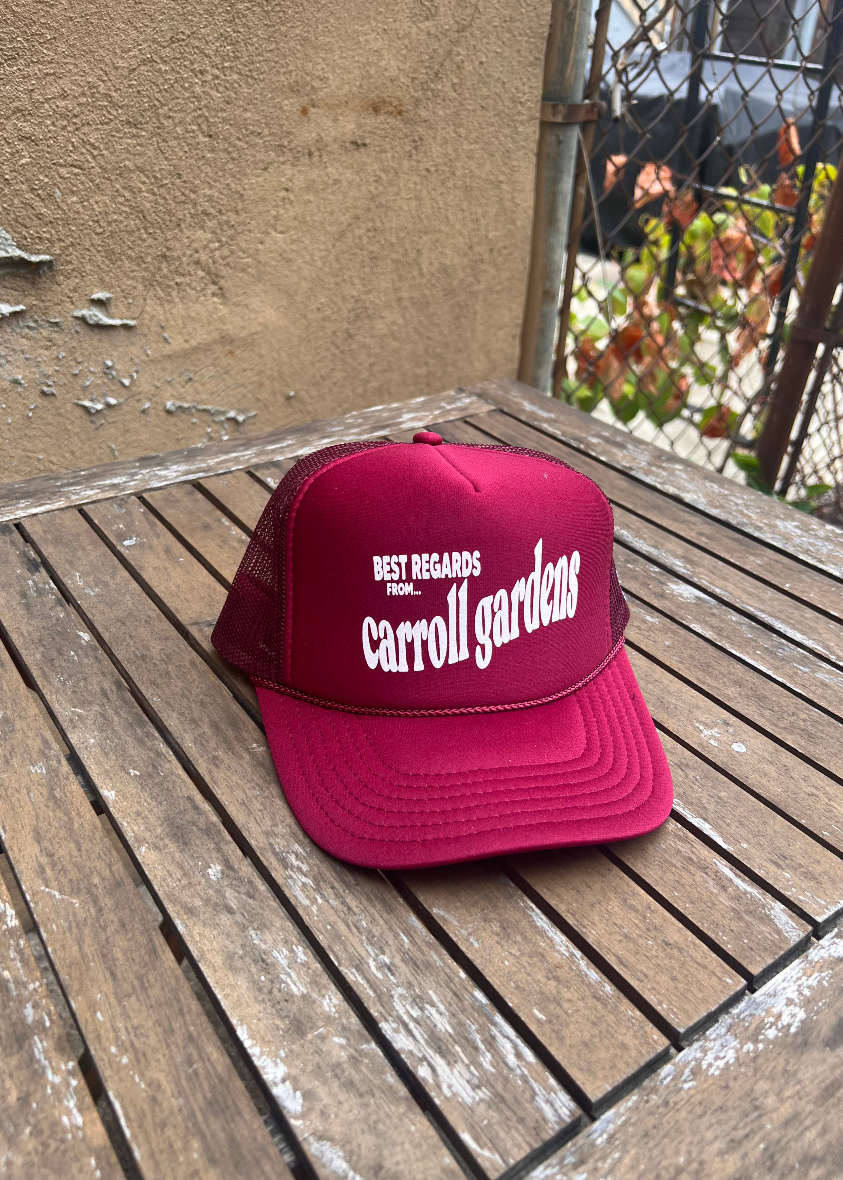 Neighborhood postcard trucker hat, Carroll Gardens