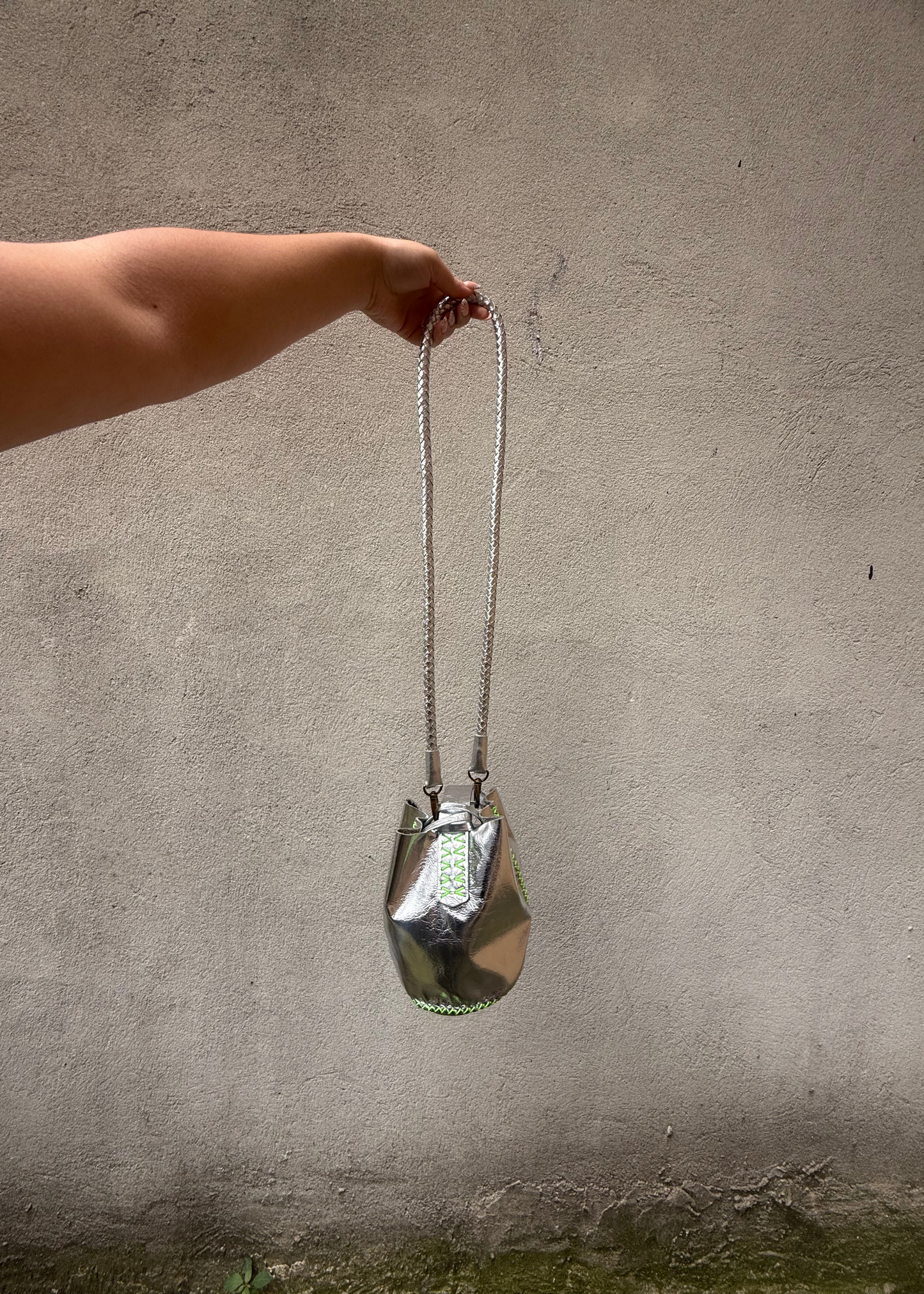 Silver hand-braided leather strap