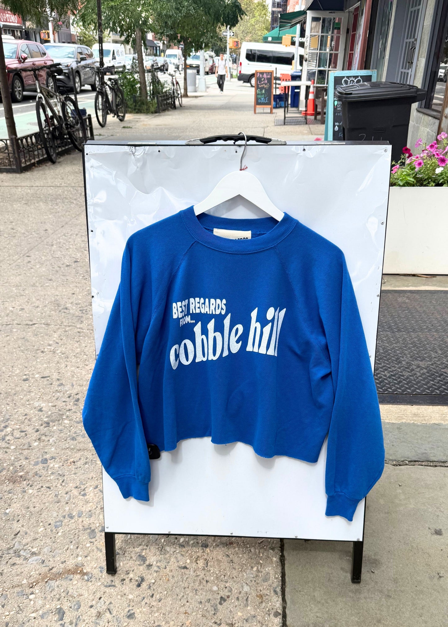 Neighborhood postcard upcycled sweatshirt, Cobble Hill