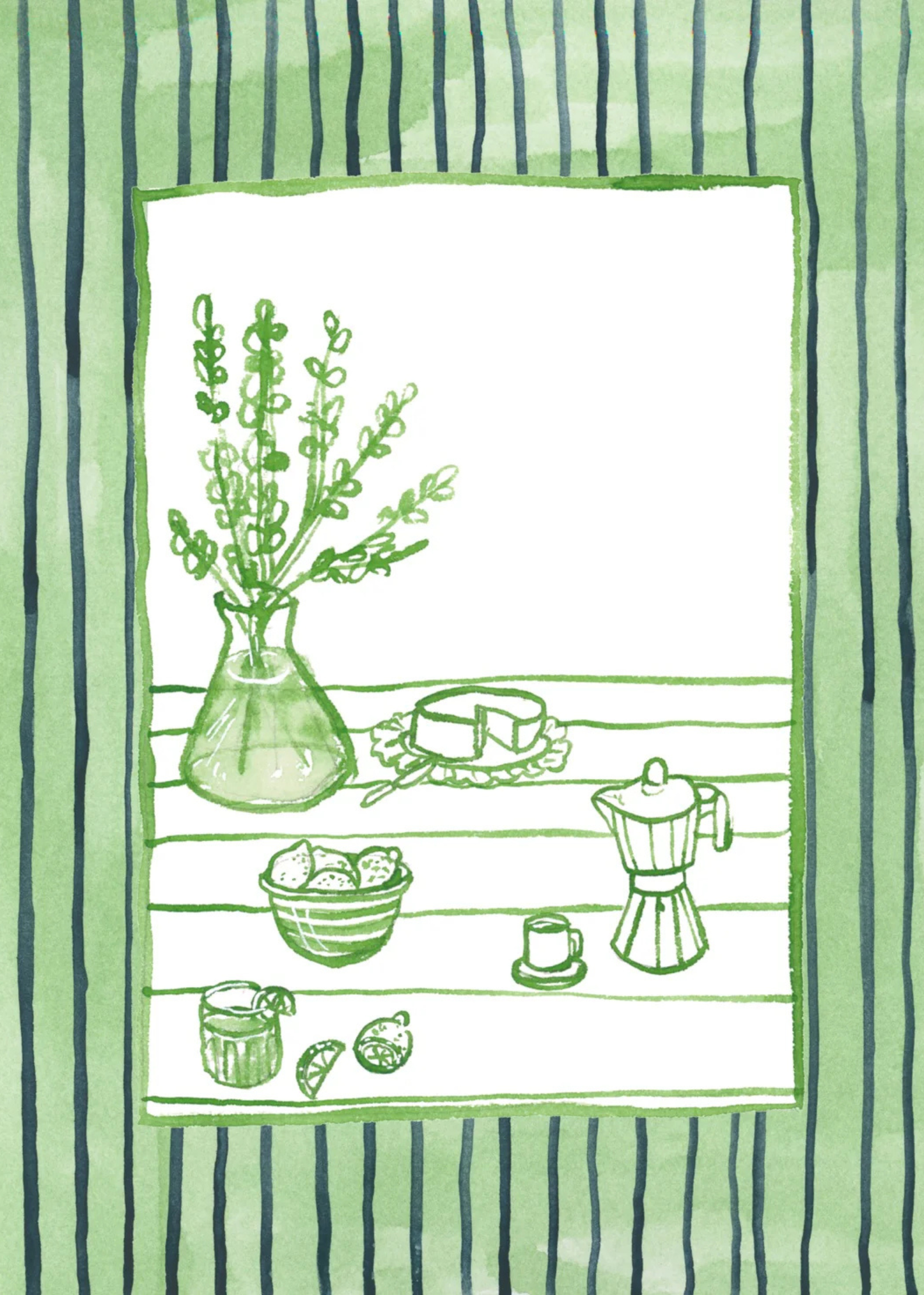 Kitchen line drawing art print, green