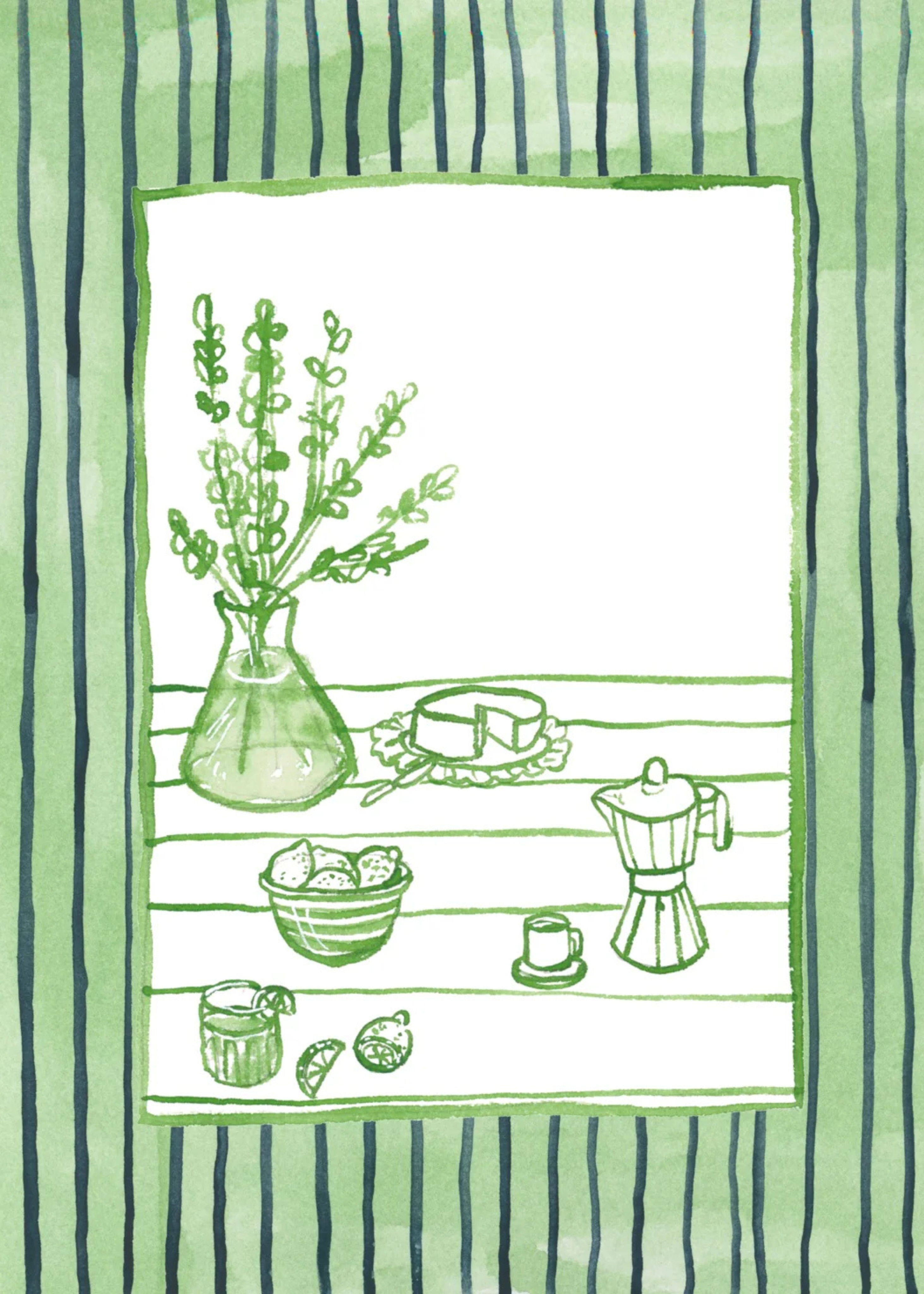 Kitchen line drawing art print, green