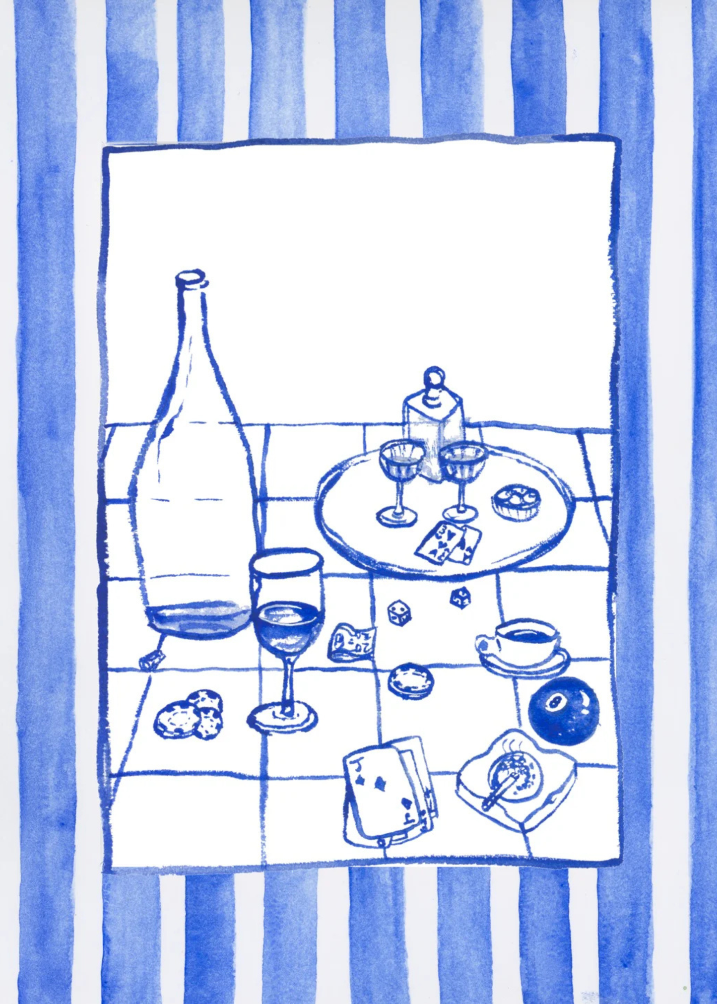 Kitchen line drawing art print, blue stripe border