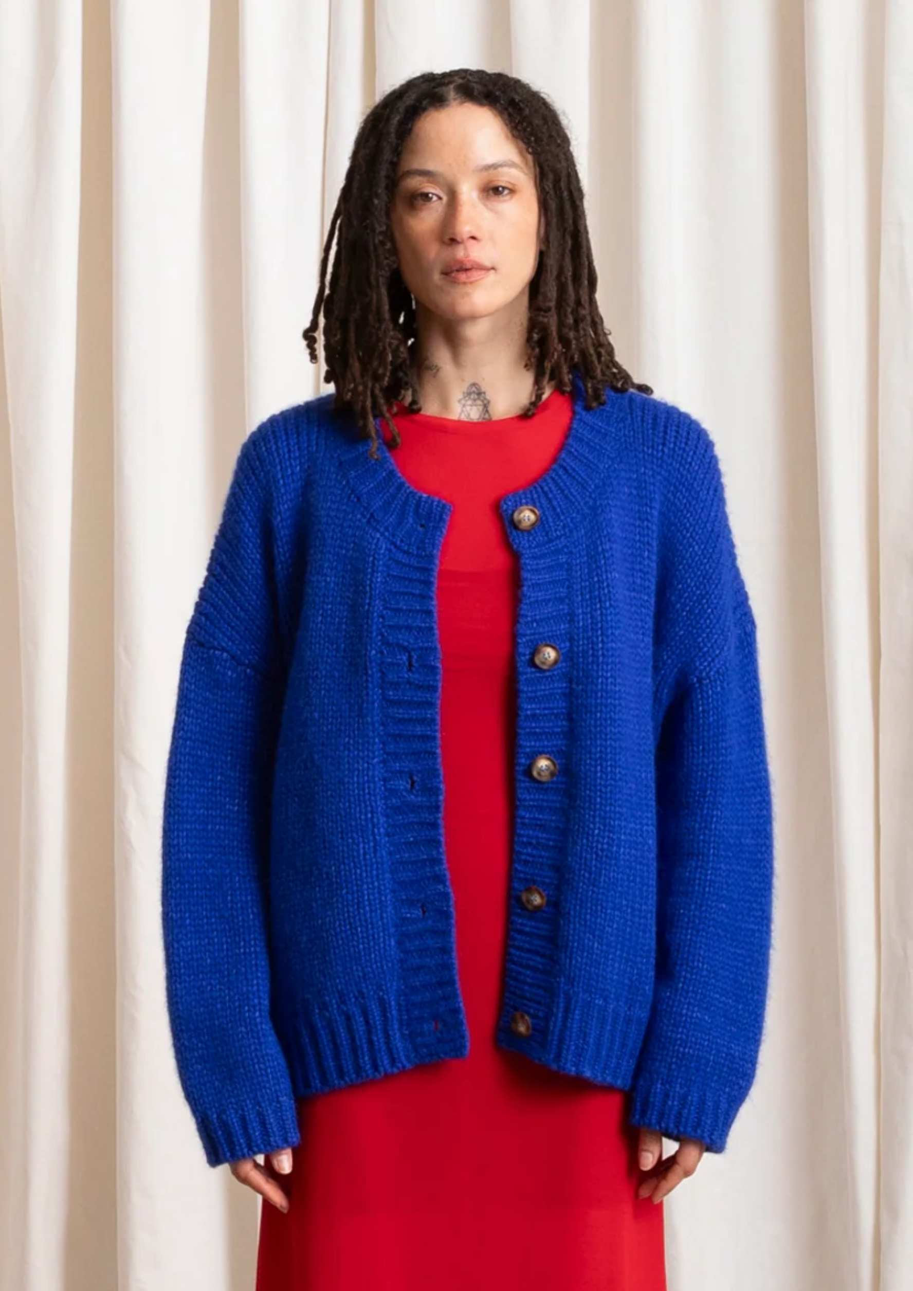 Merino crew neck cardigan, cobalt