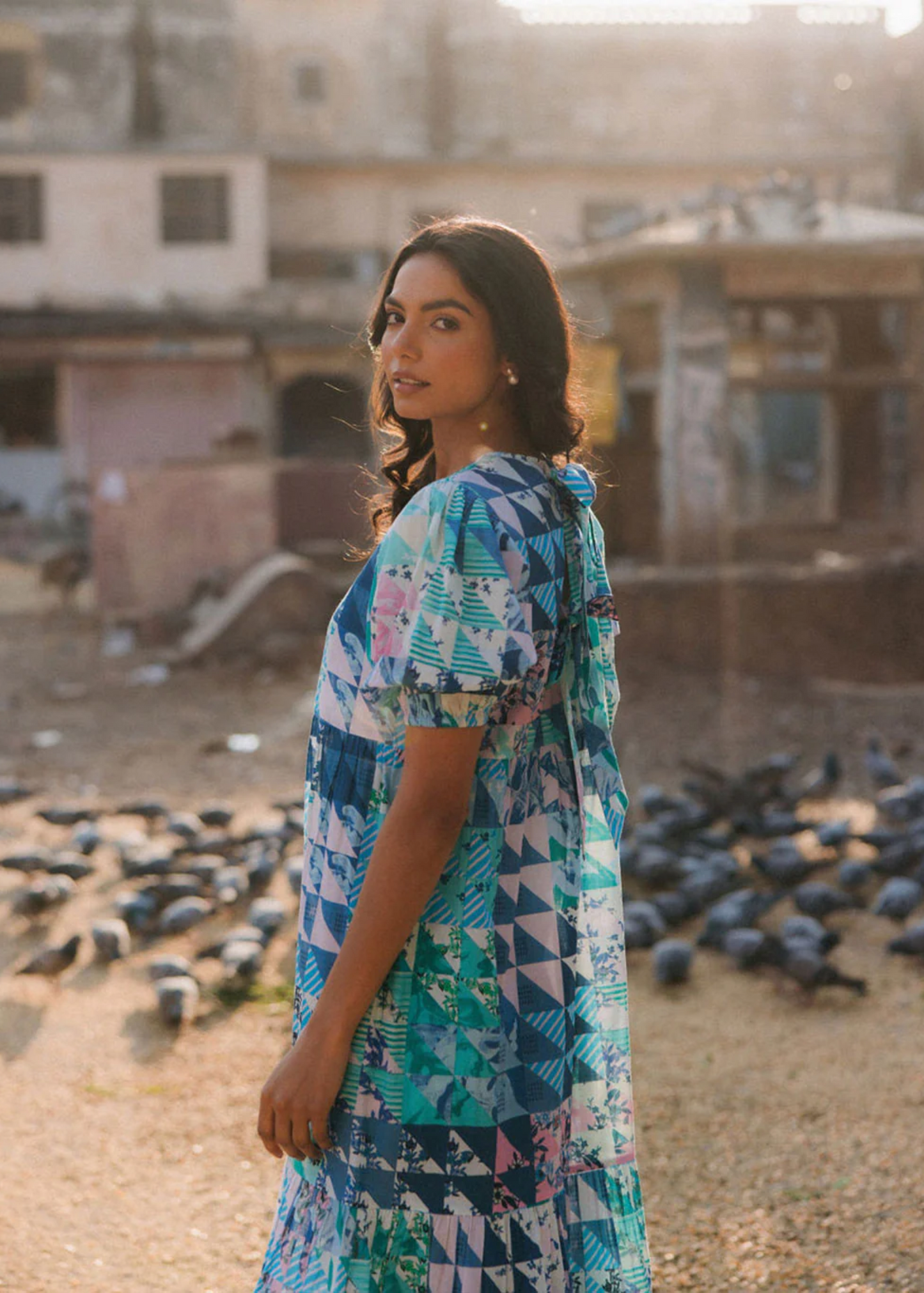 Lara dress, blue and green geo