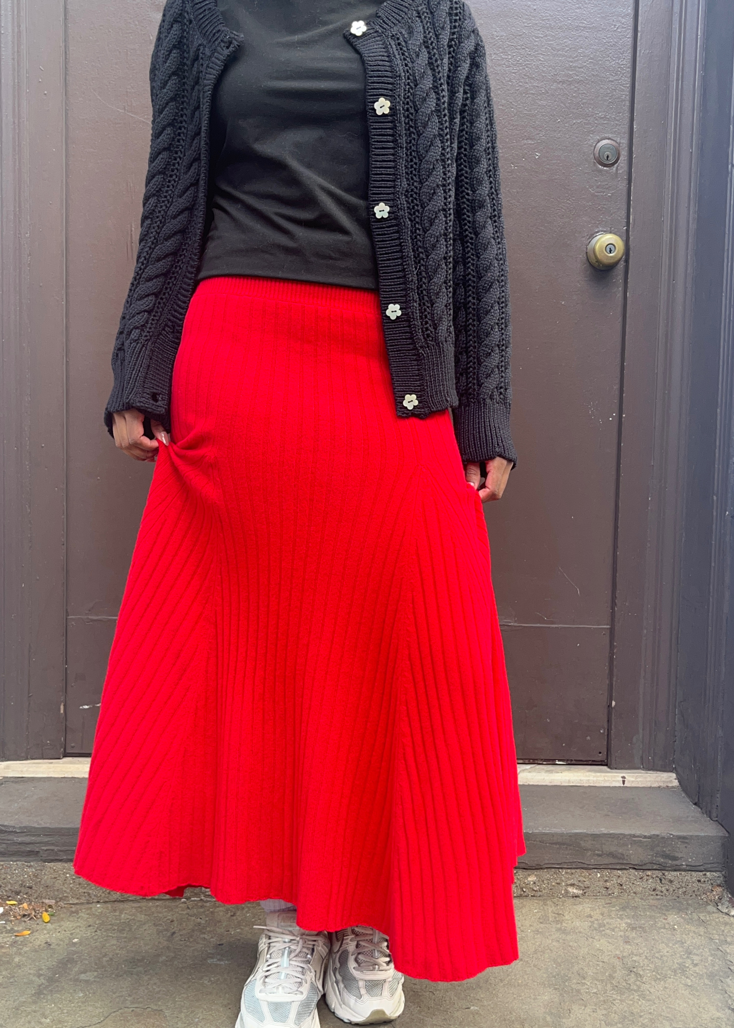 Cashmere flared rib skirt, red