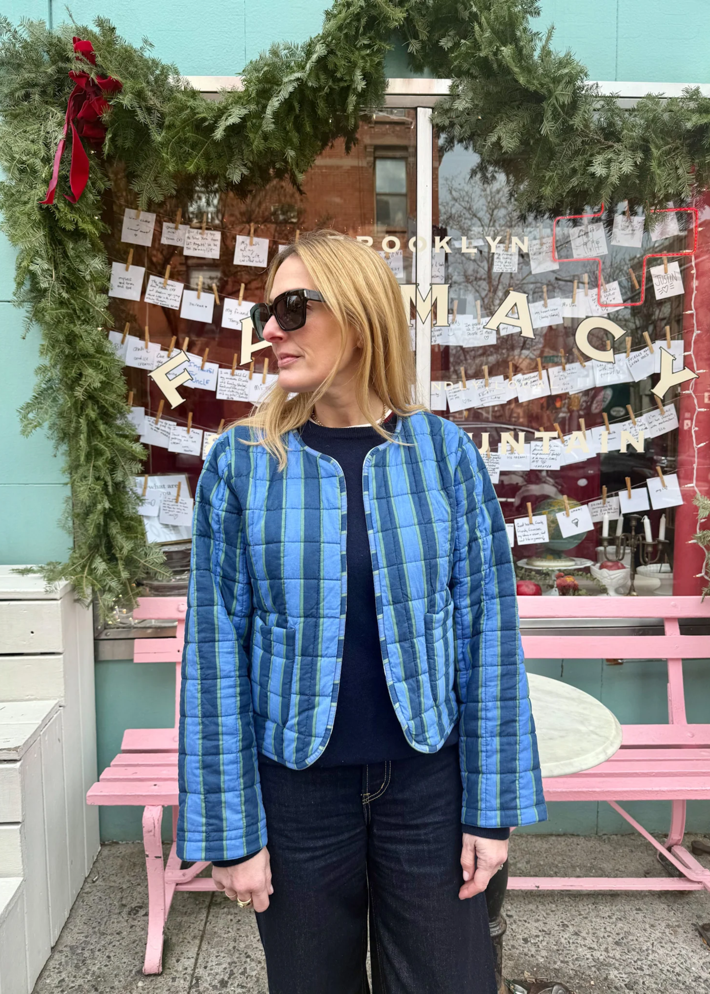 Ashley Jacket, green ditsy / blue stripe