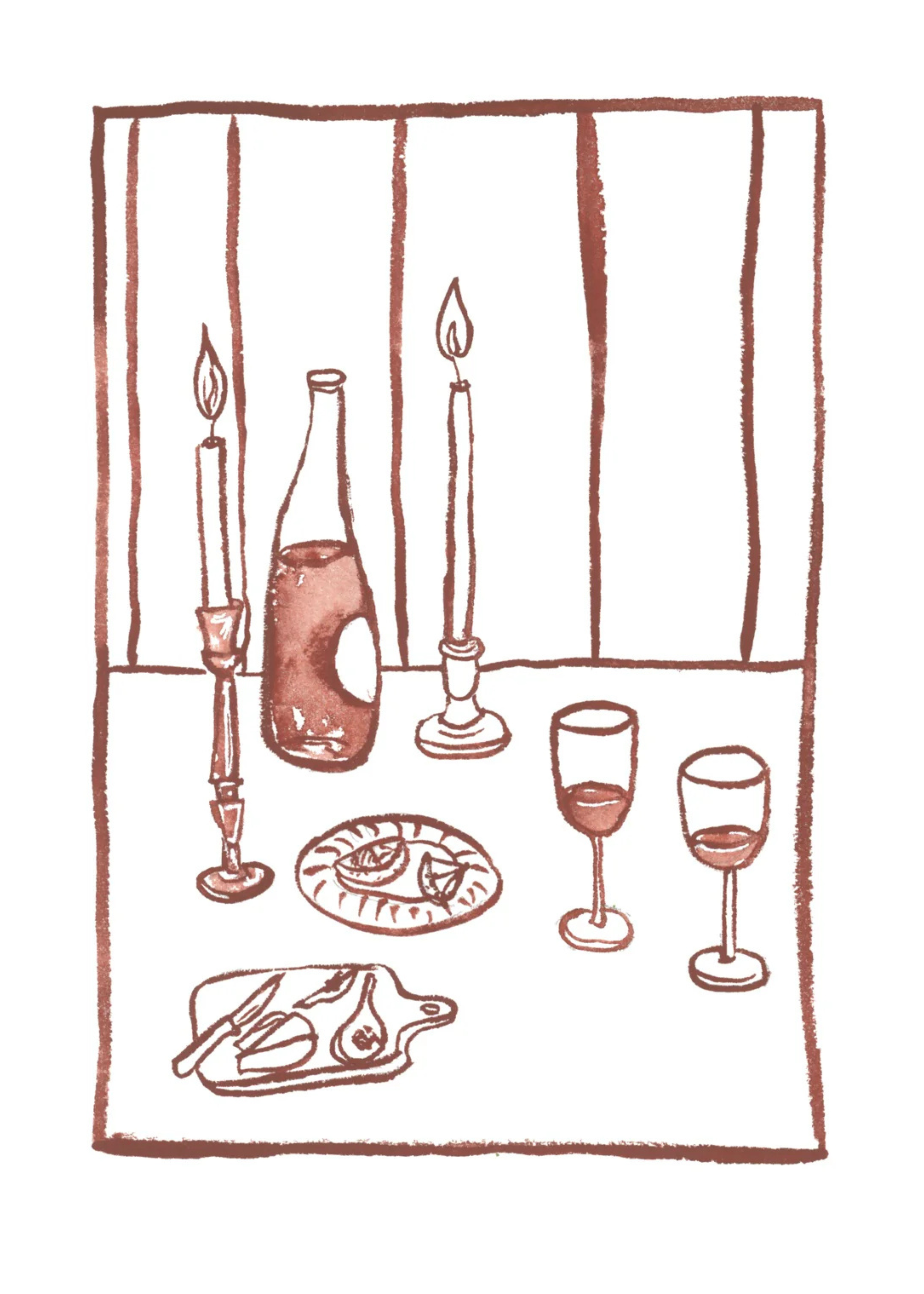 Kitchen line drawing art print, maroon