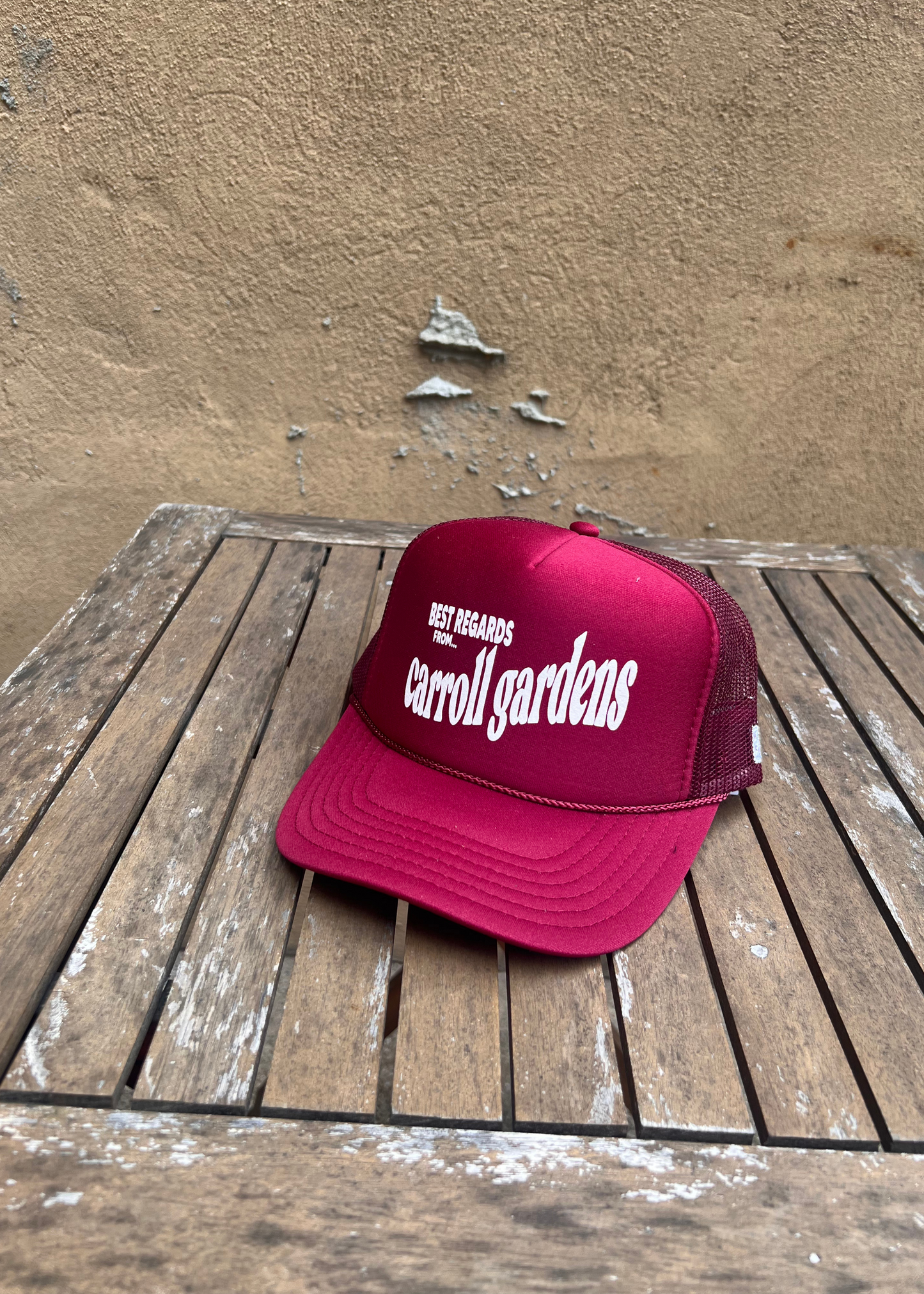 Neighborhood postcard trucker hat, Carroll Gardens