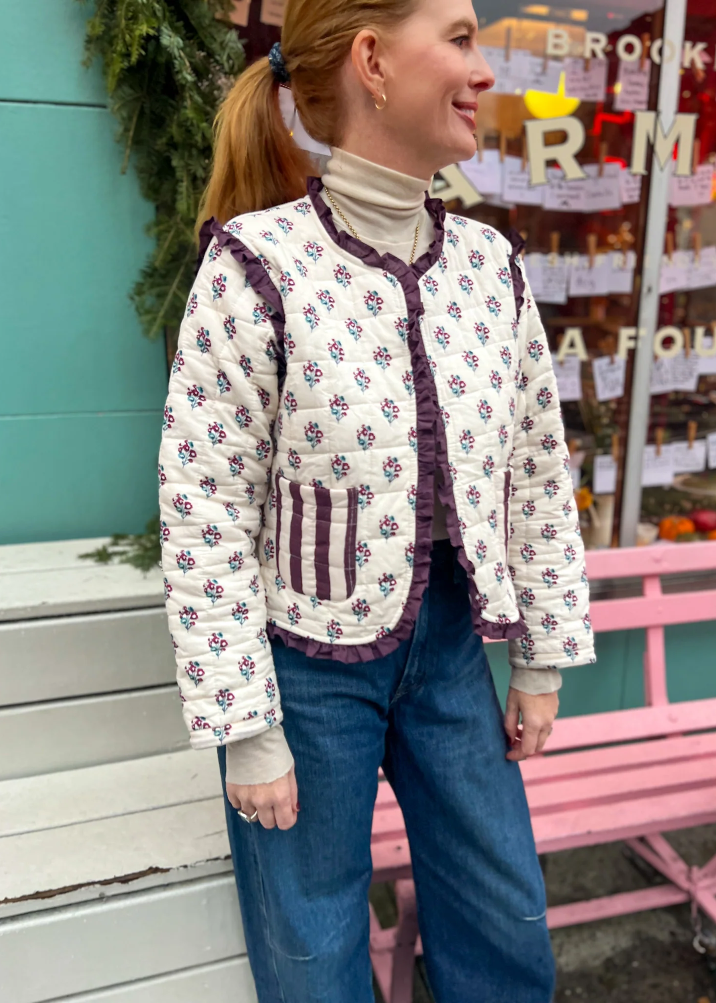 Emmie Jacket, burgundy stripe / cream vintage floral