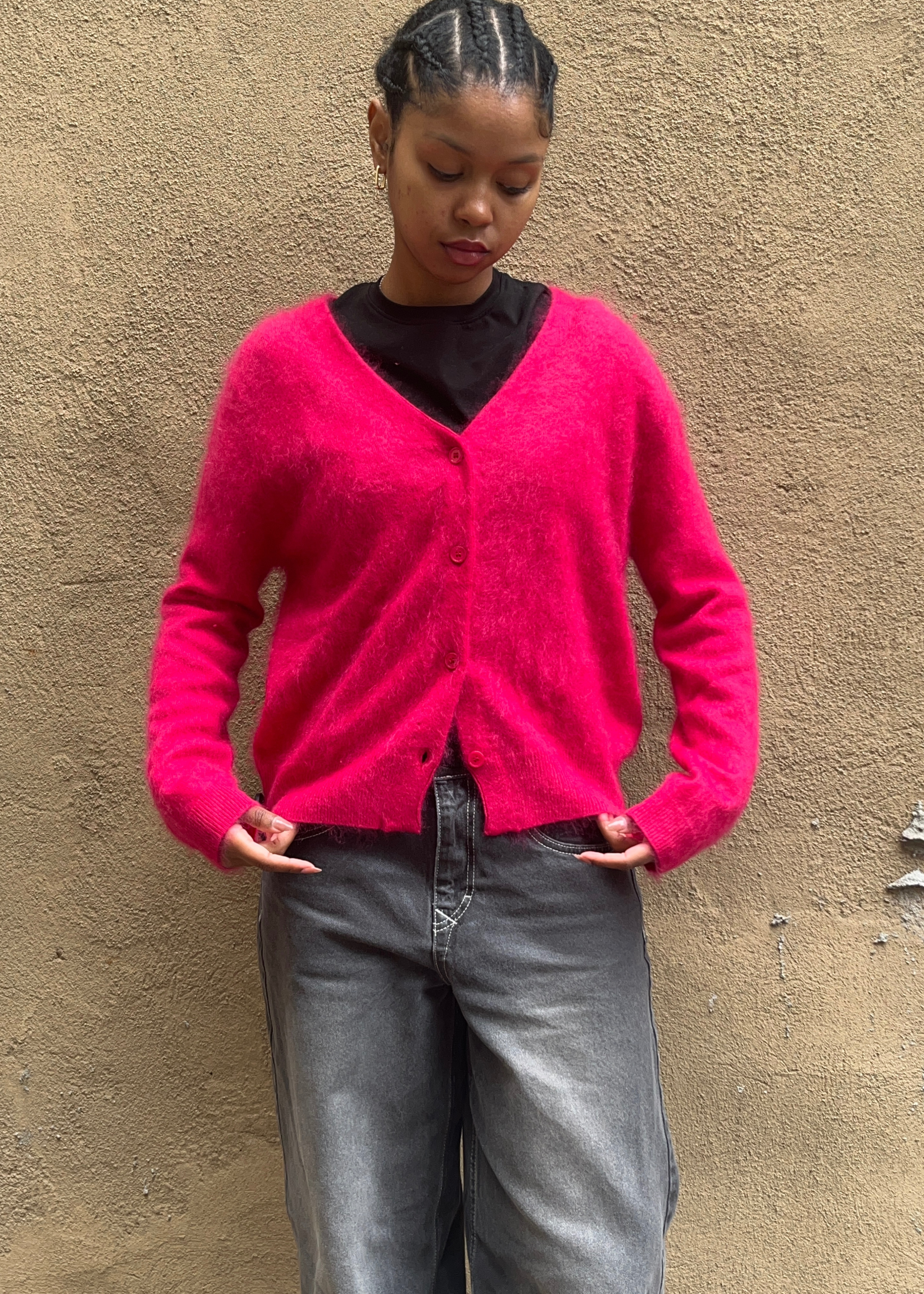 Cashmere brushed v-neck cardigan, hot pink
