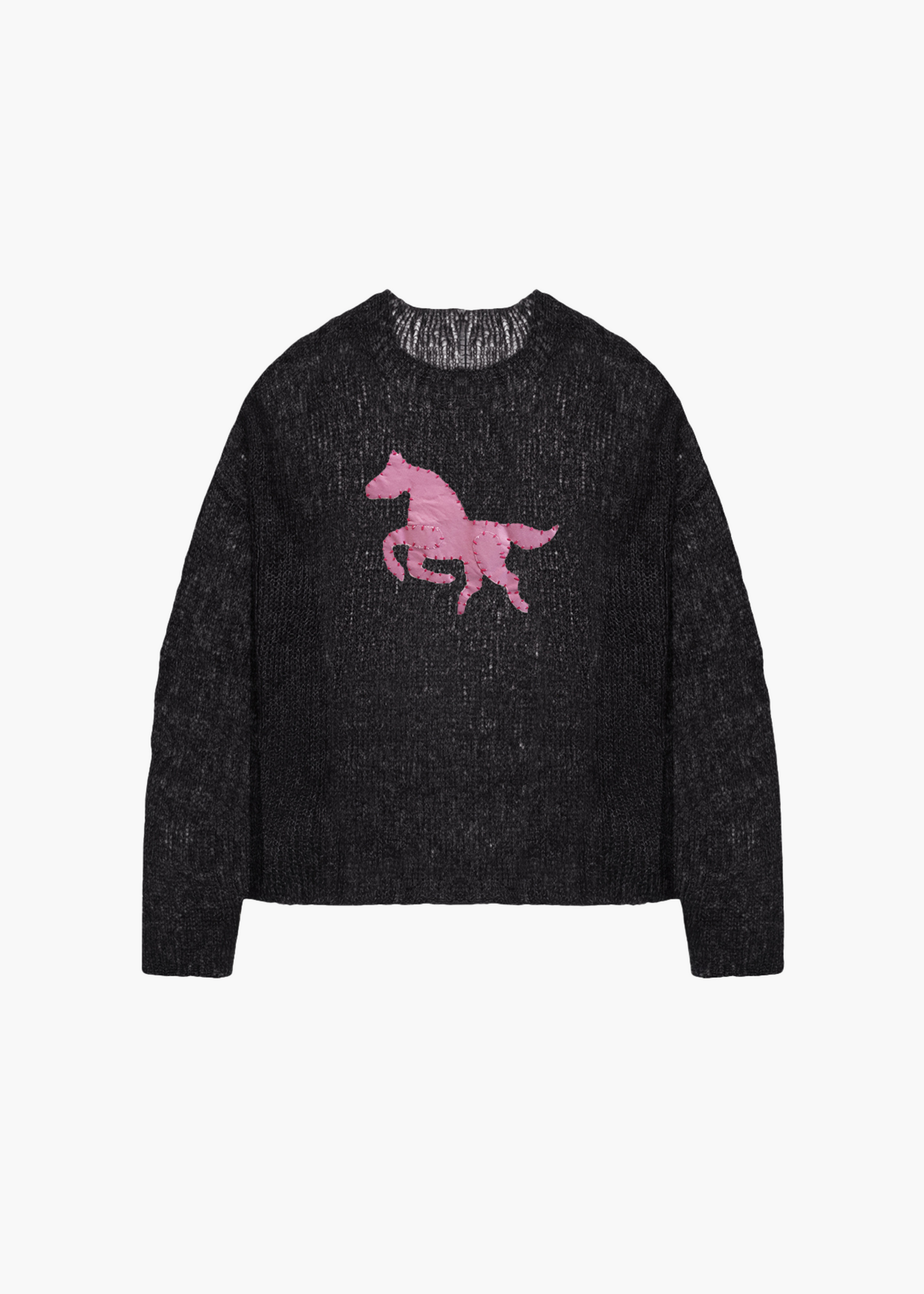 Black sweater, pink pony patch