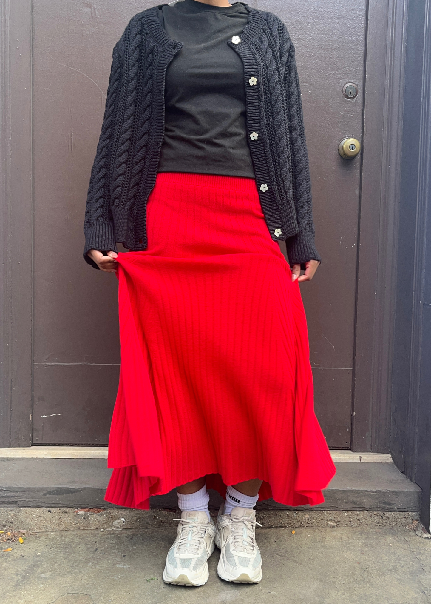 Cashmere flared rib skirt, red