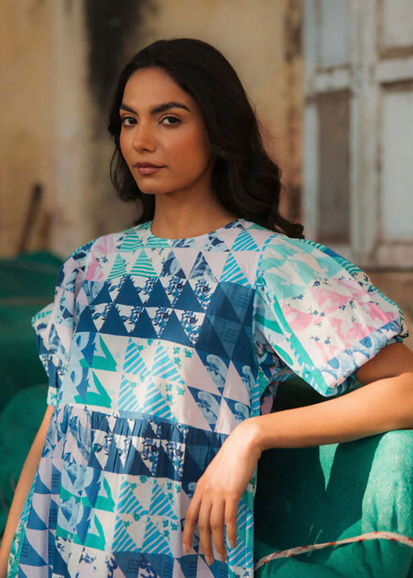 Lara dress, blue and green geo