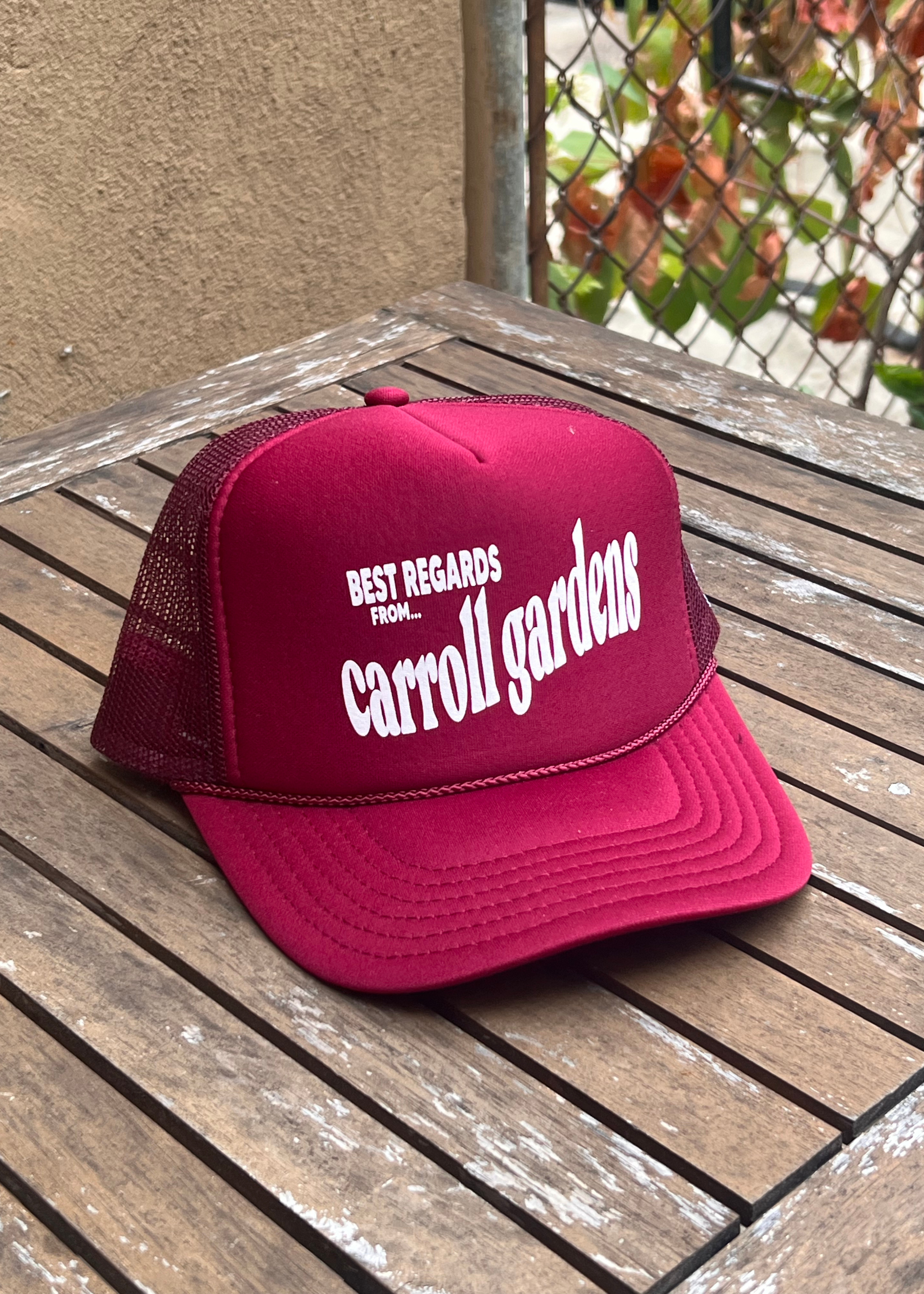 Neighborhood postcard trucker hat, Carroll Gardens
