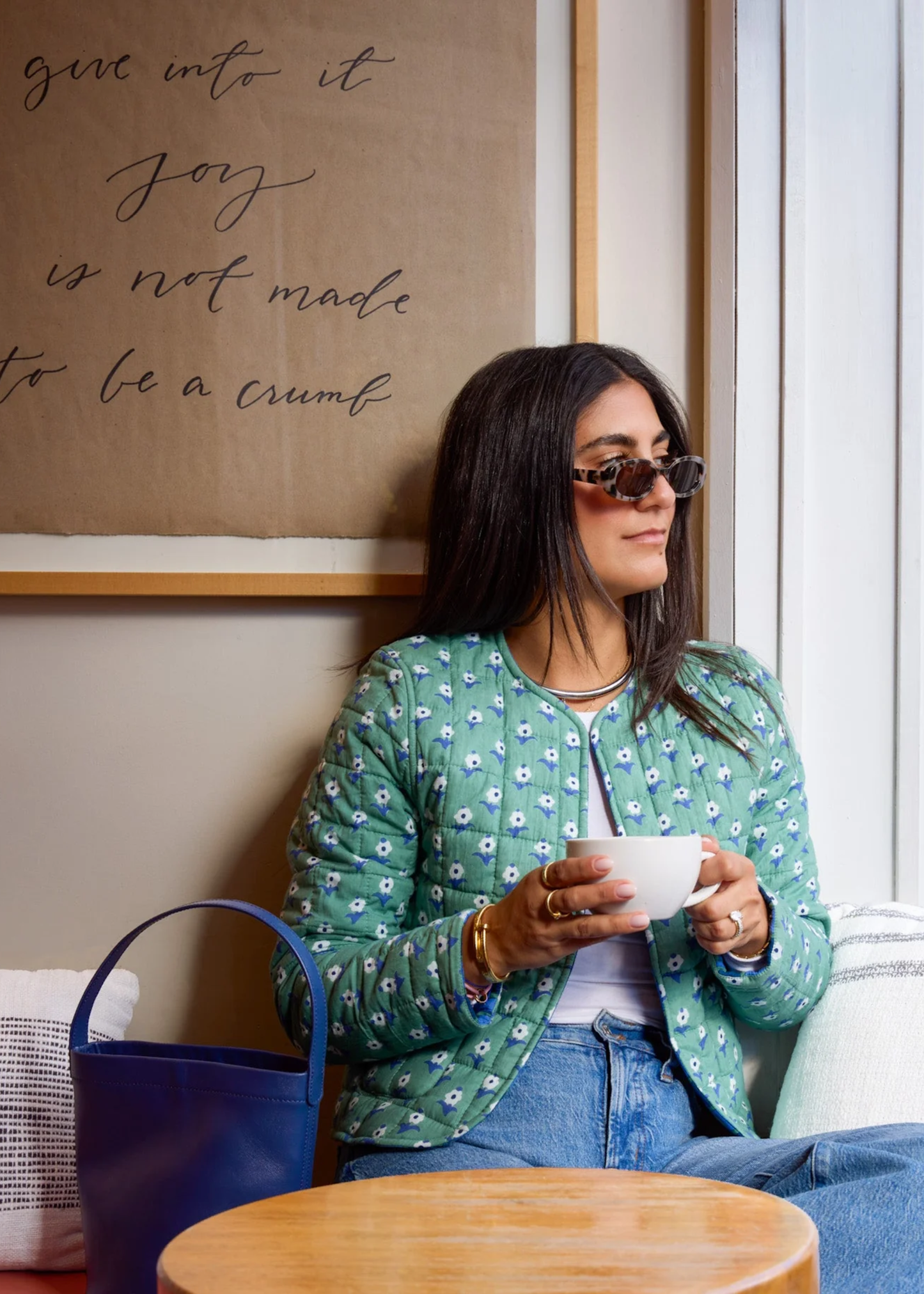 Ashley Jacket, green ditsy / blue stripe