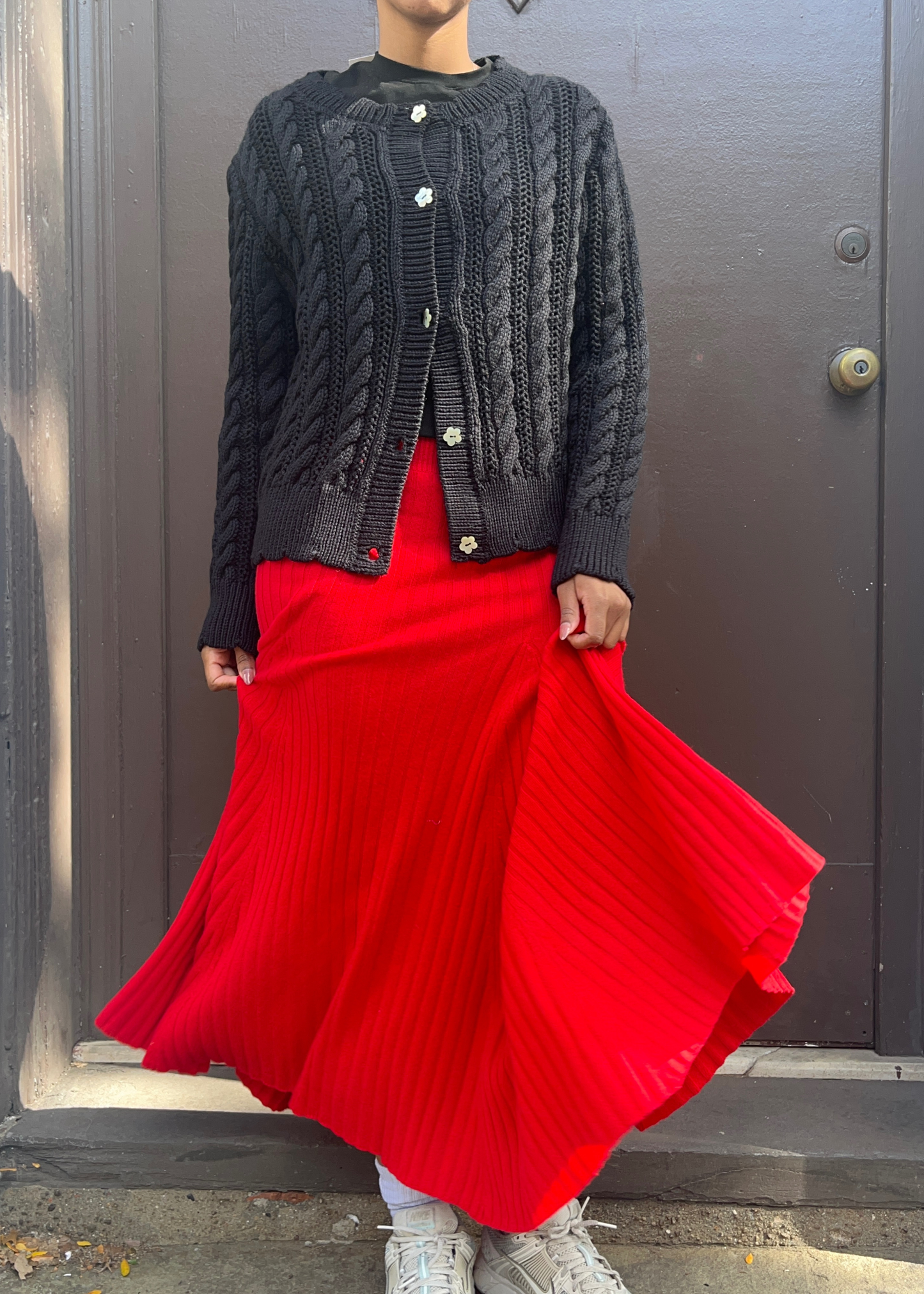 Cashmere flared rib skirt, red