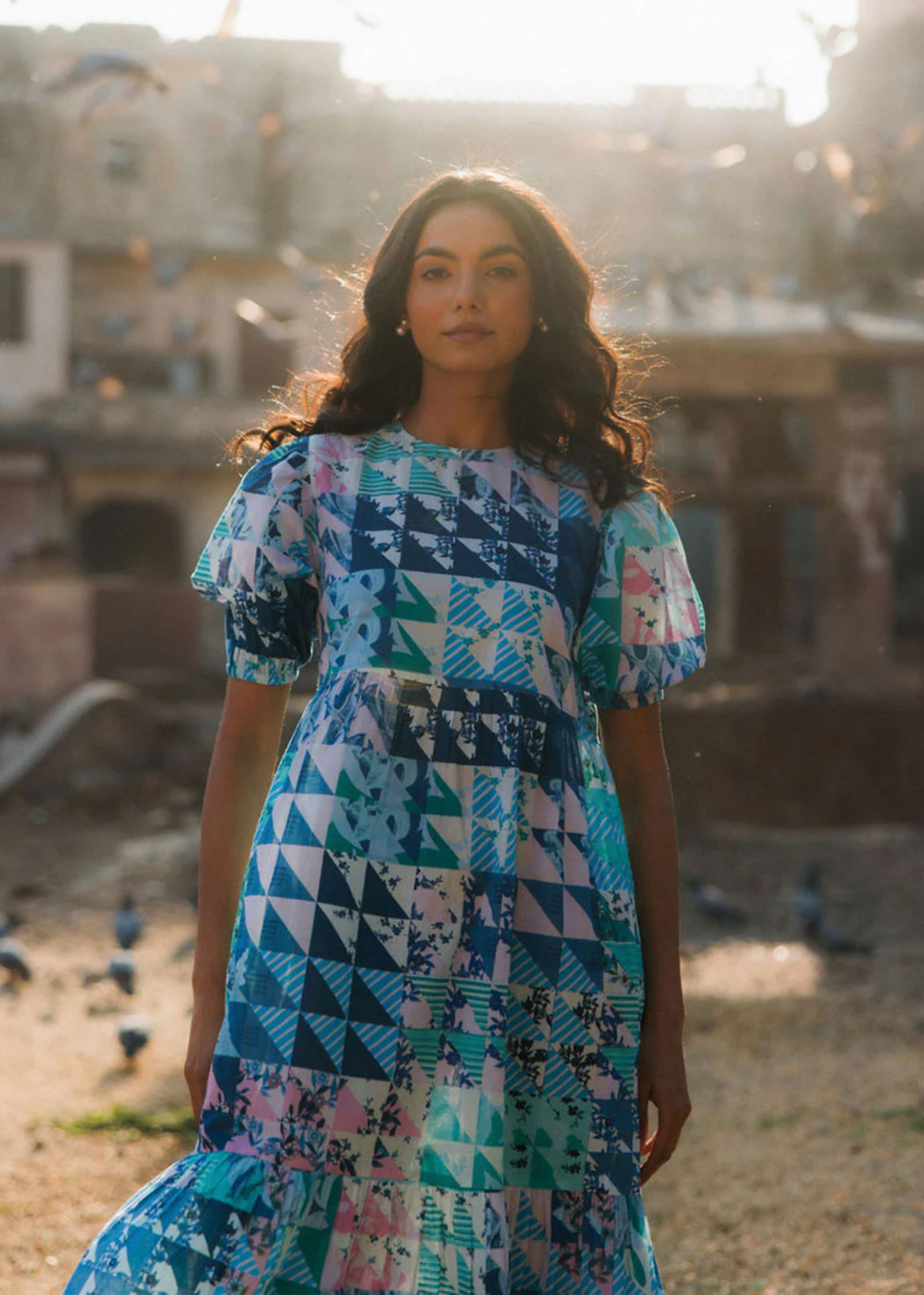 Lara dress, blue and green geo