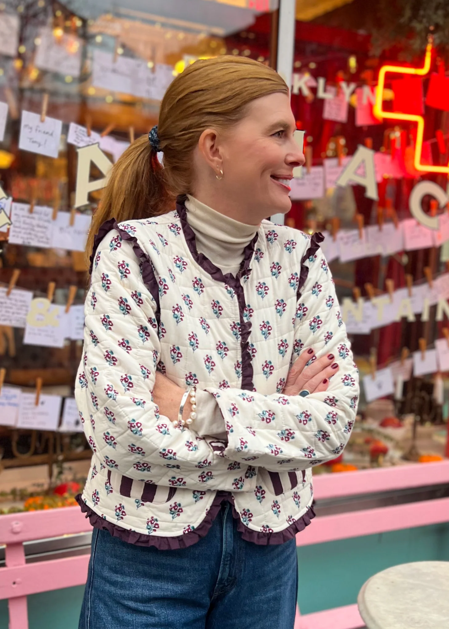 Emmie Jacket, burgundy stripe / cream vintage floral