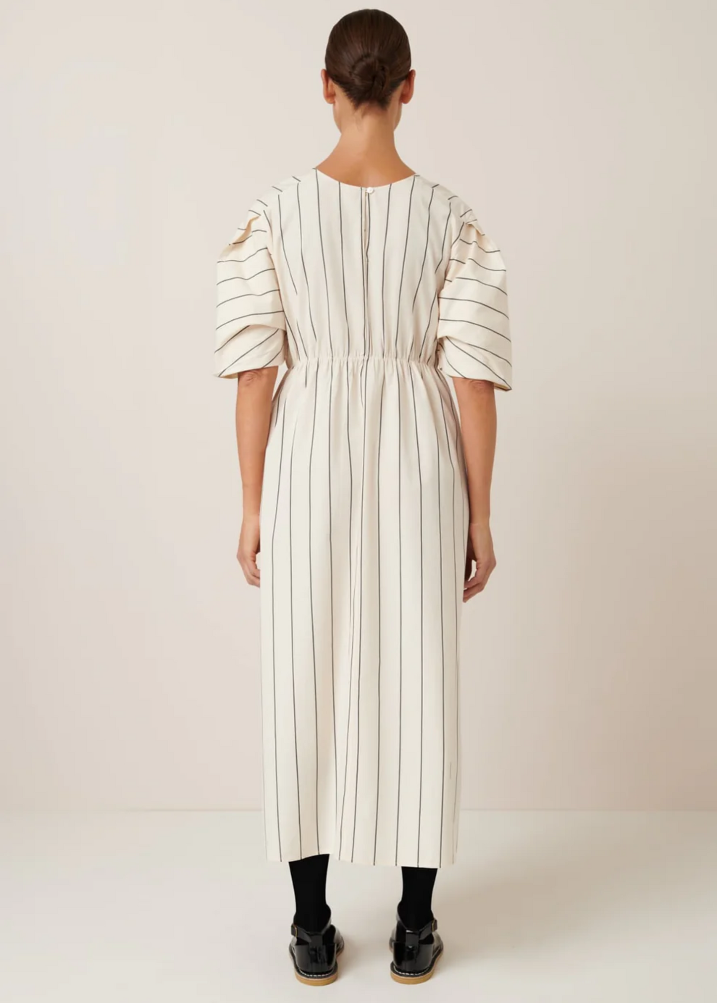 Ellora dress, greige pinstripe