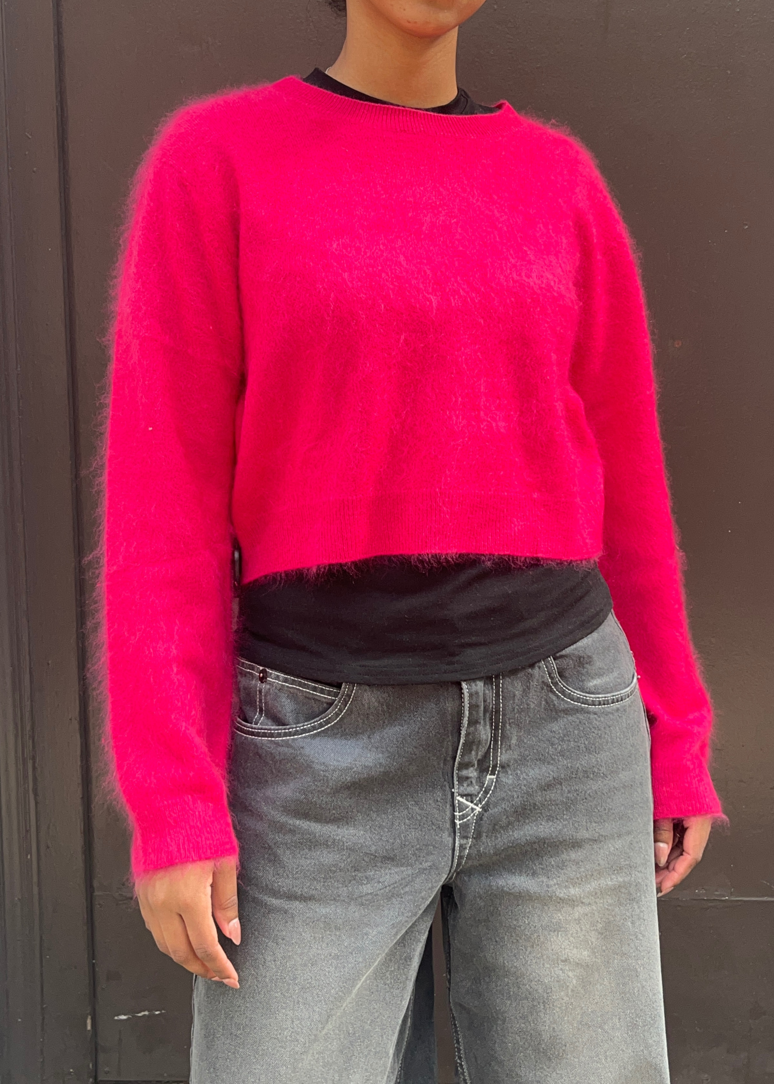 Cashmere brushed crop long sleeve top, hot pink