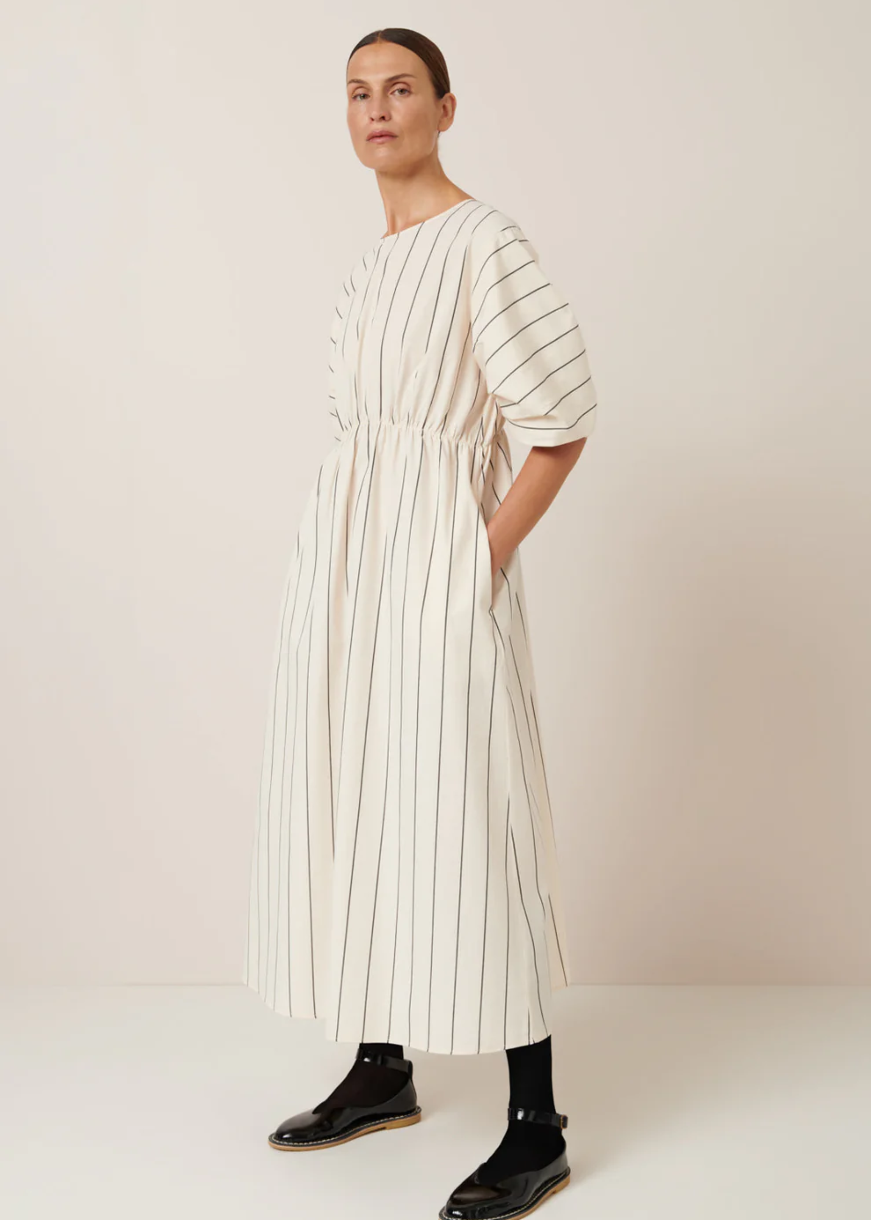 Ellora dress, greige pinstripe