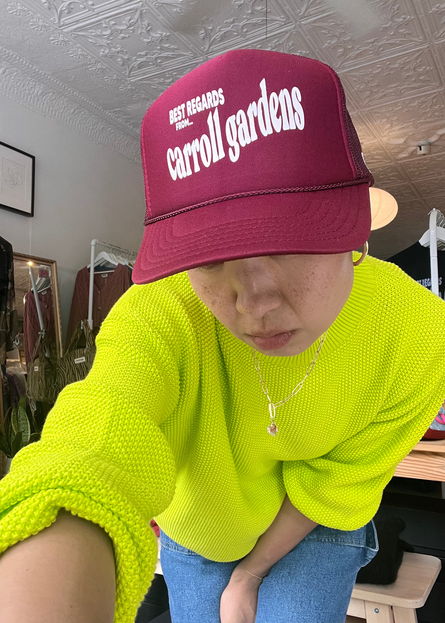 Neighborhood postcard trucker hat, Carroll Gardens