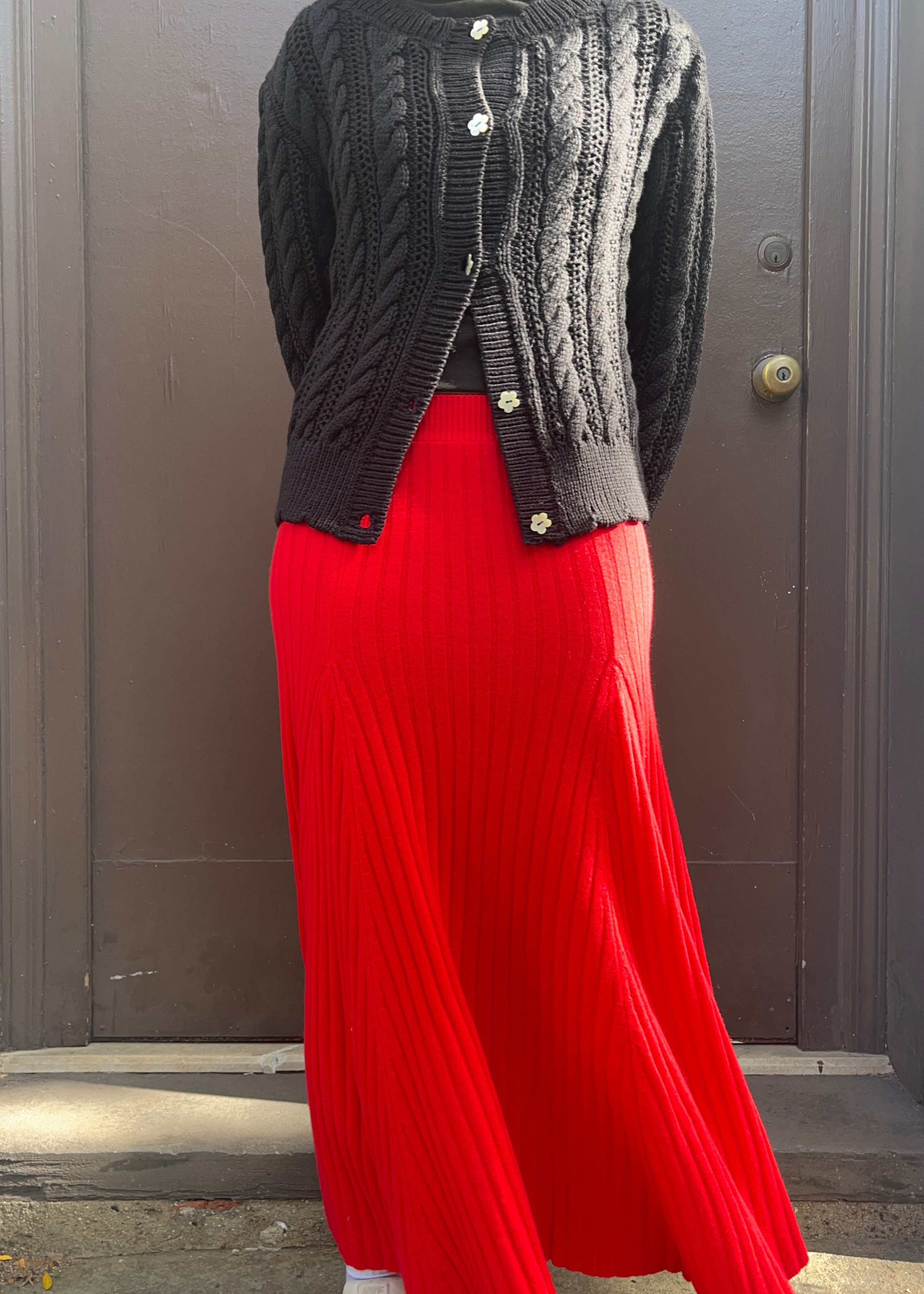 Cashmere flared rib skirt, red