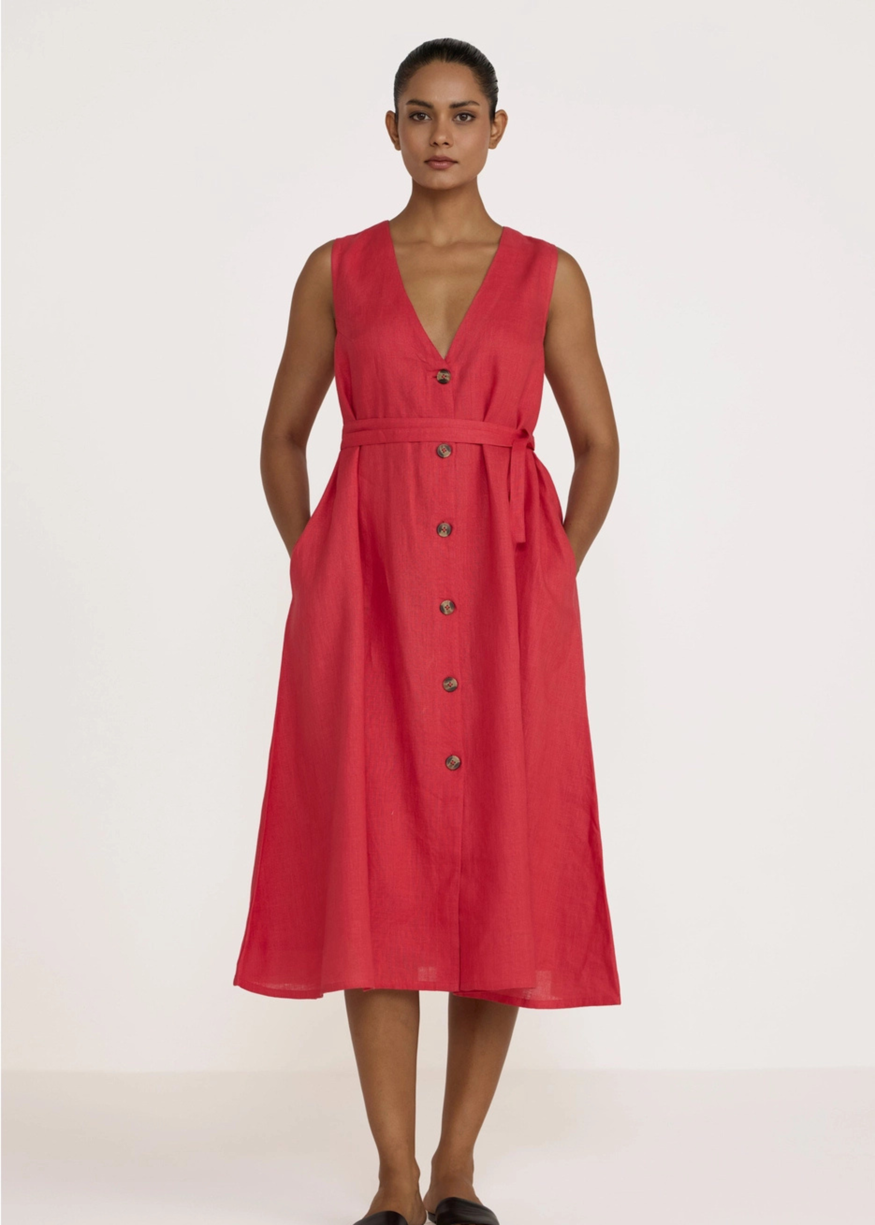 V-neck midi dress, red