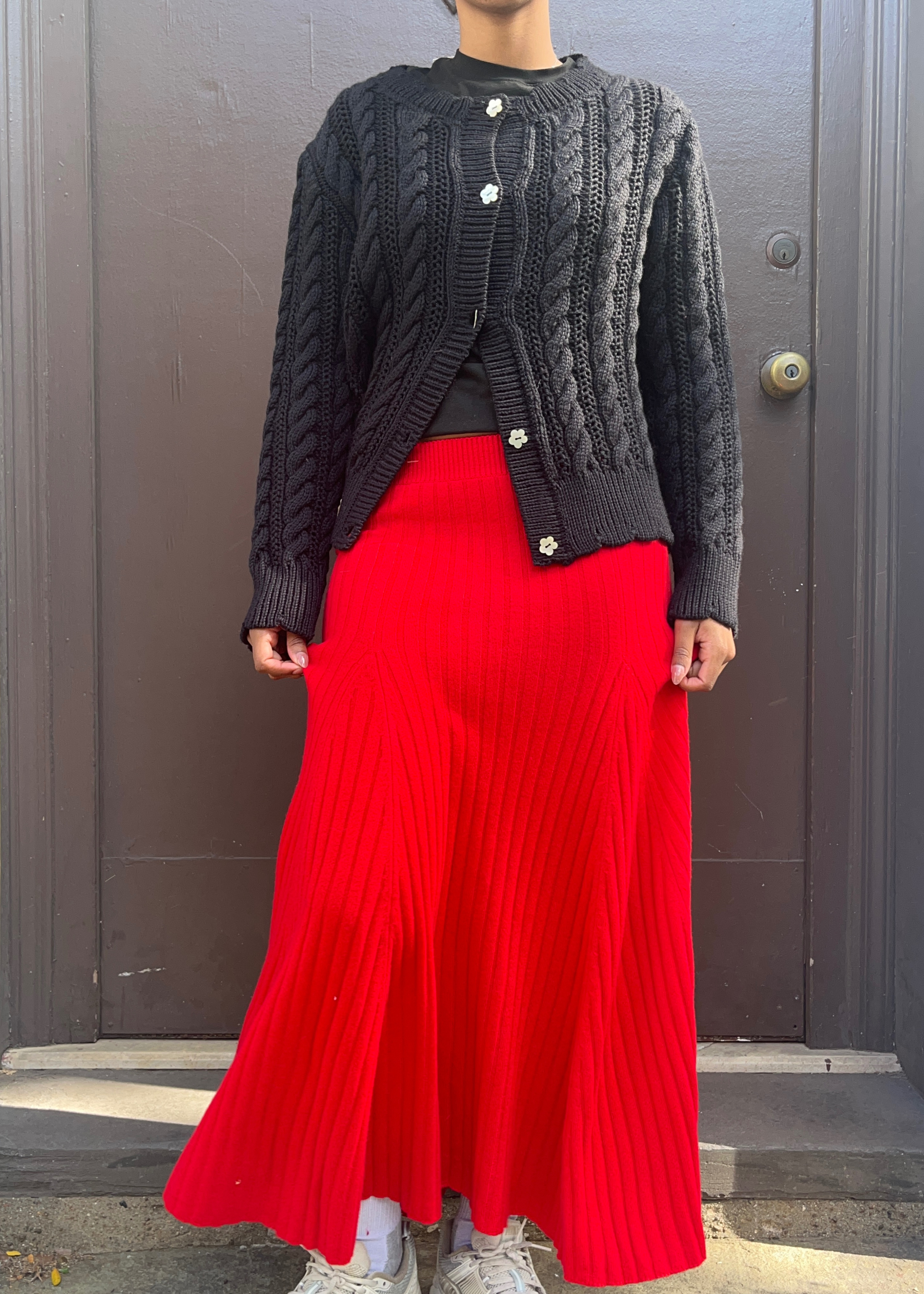 Cashmere flared rib skirt, red