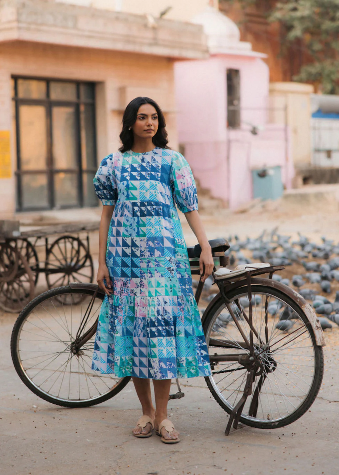 Lara dress, blue and green geo