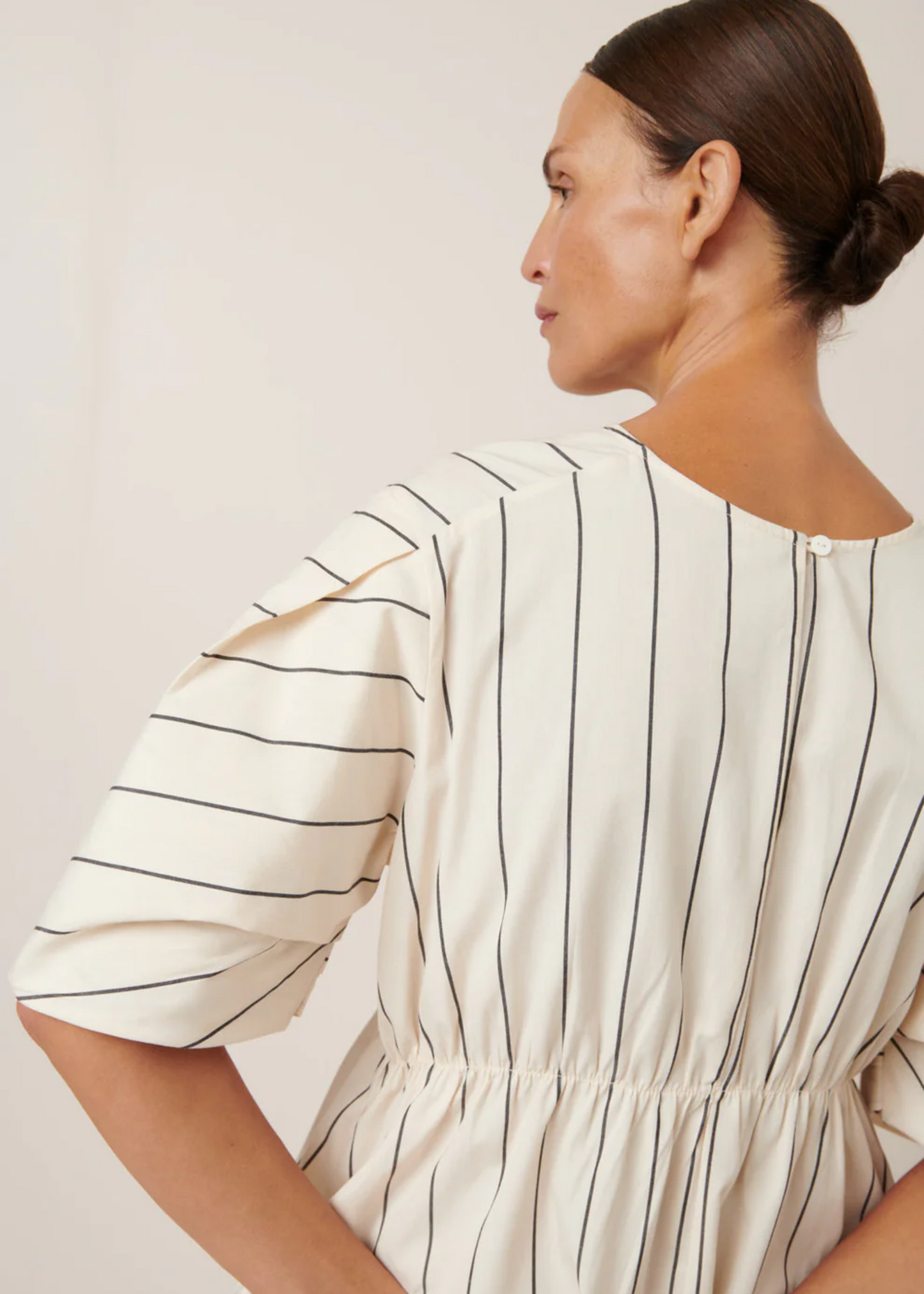 Ellora dress, greige pinstripe