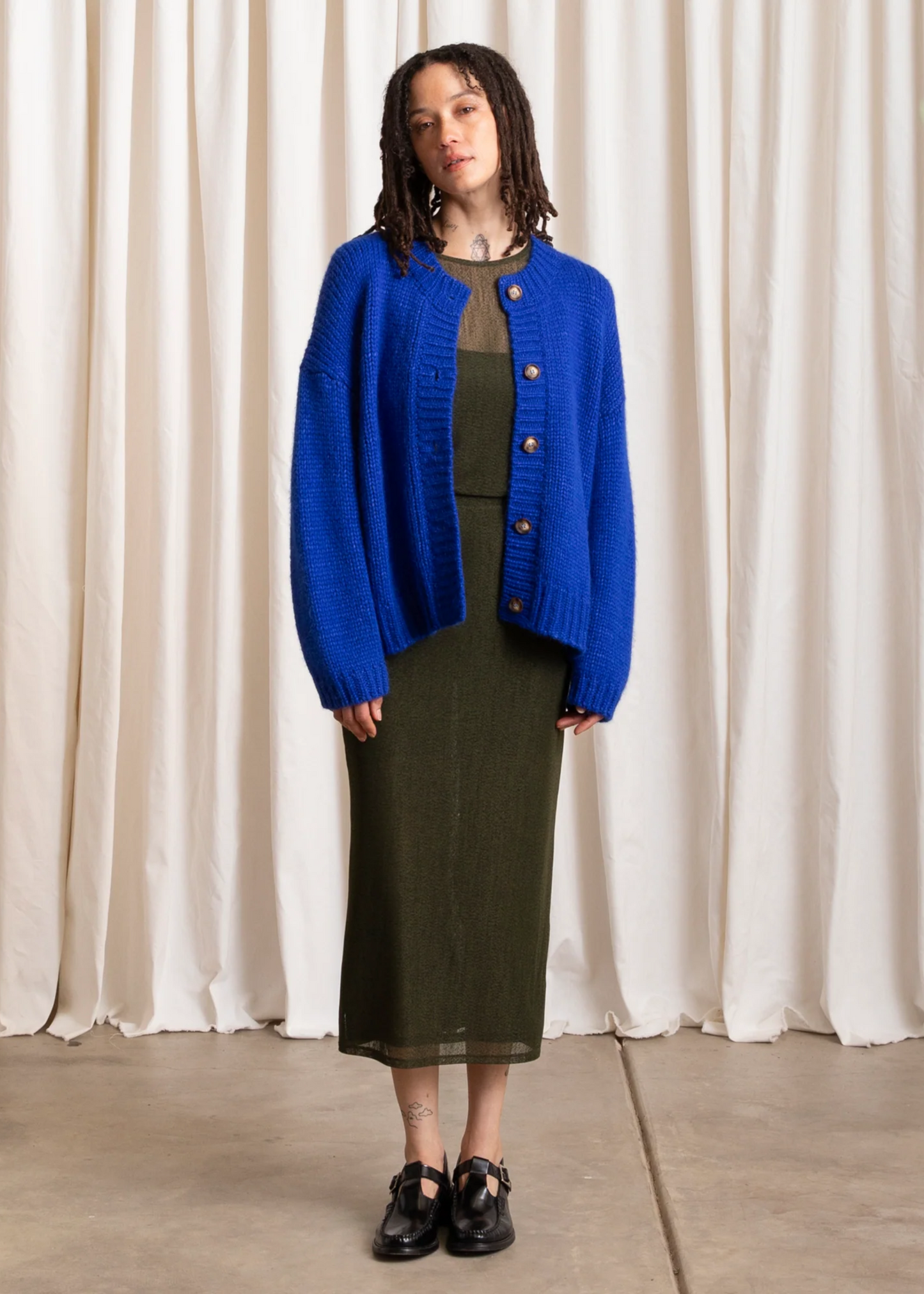 Merino crew neck cardigan, cobalt