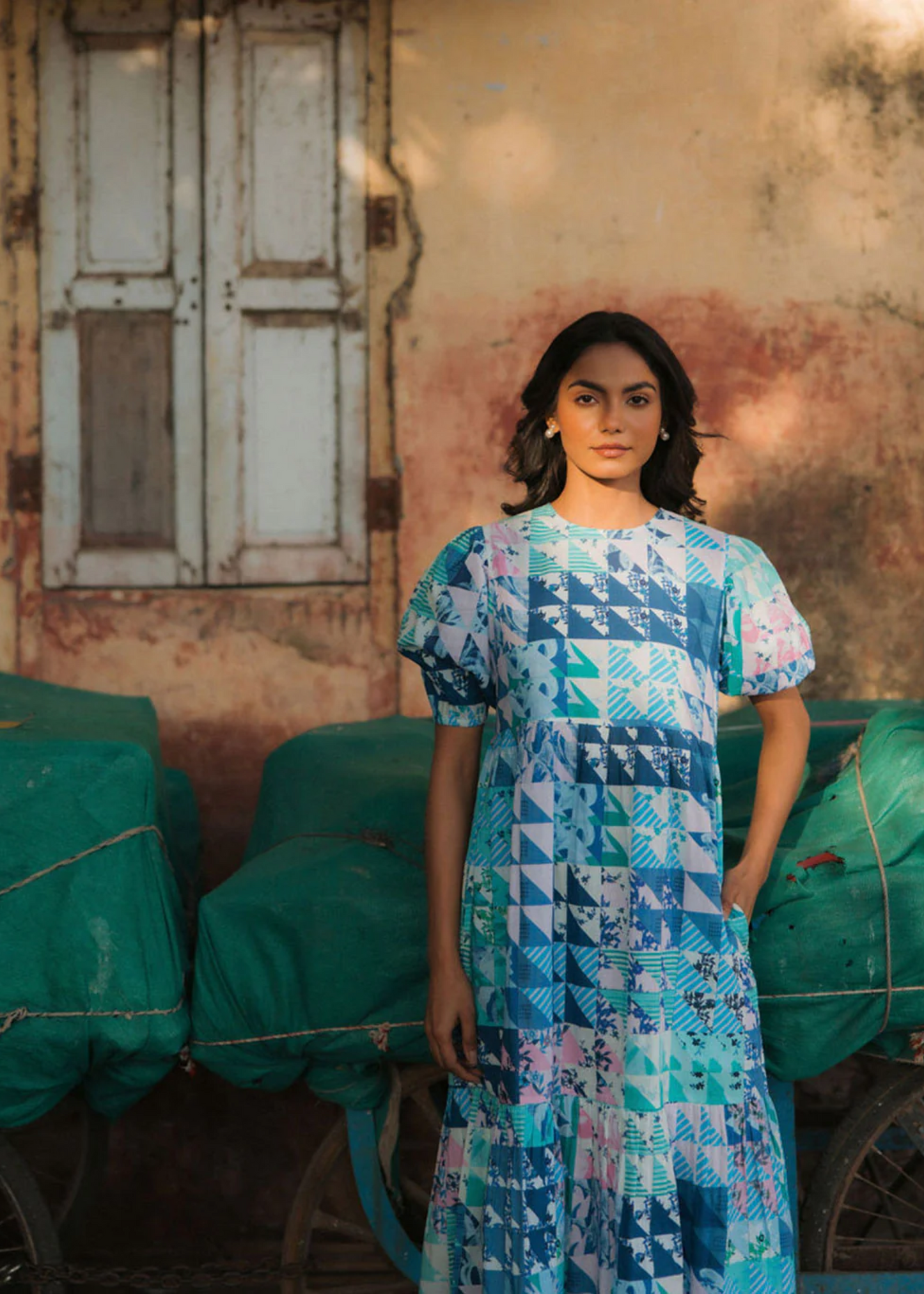 Lara dress, blue and green geo
