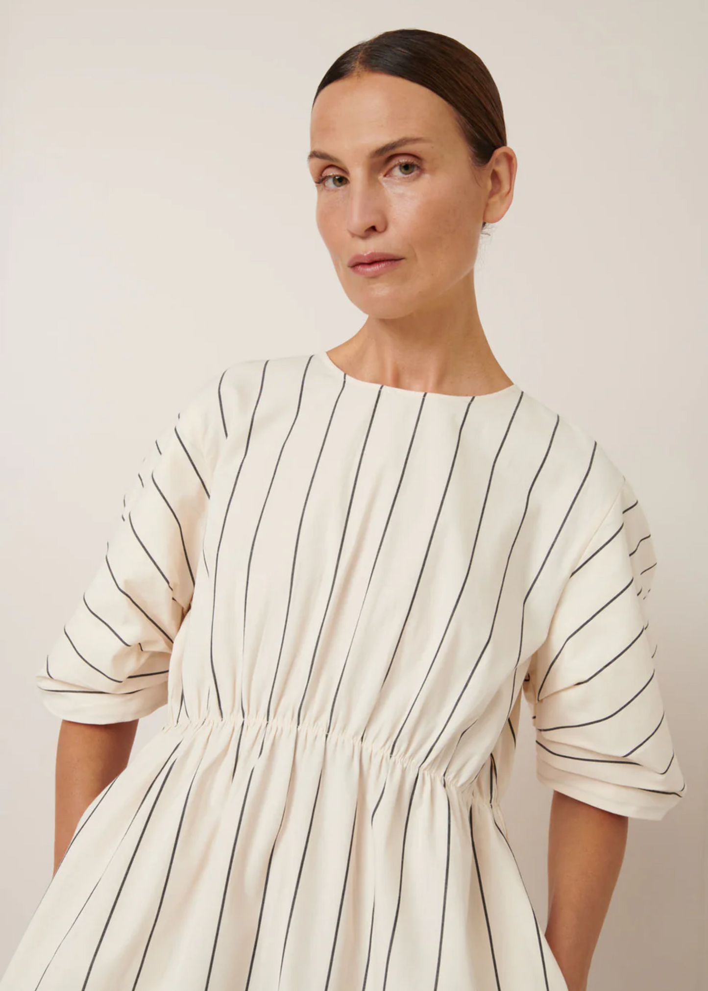 Ellora dress, greige pinstripe