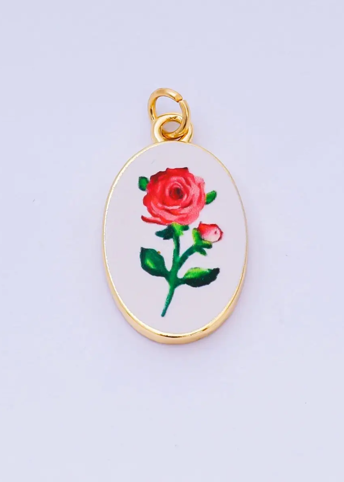 Enamel red rose oval charm