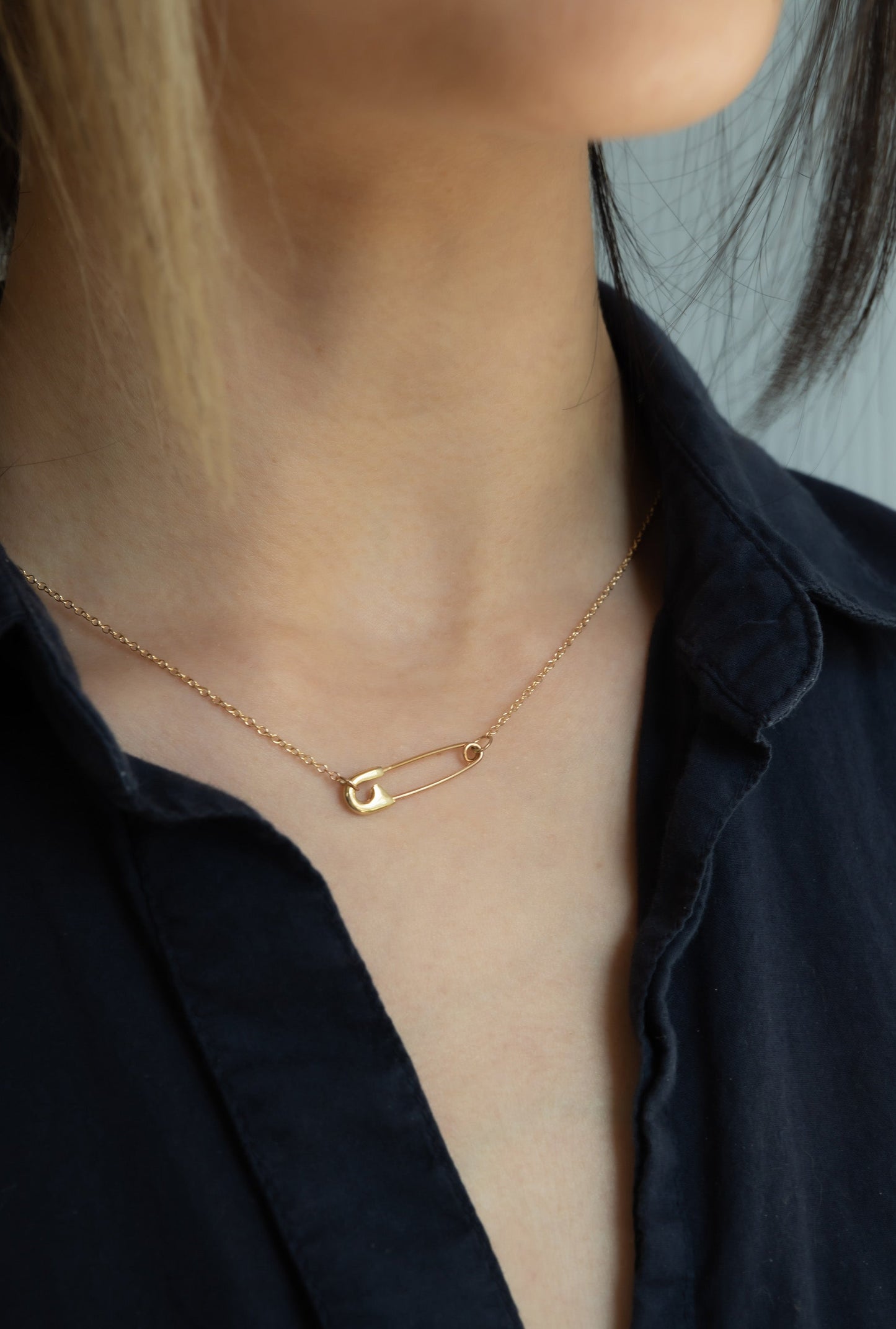 Safety pin necklace, 14K yellow gold