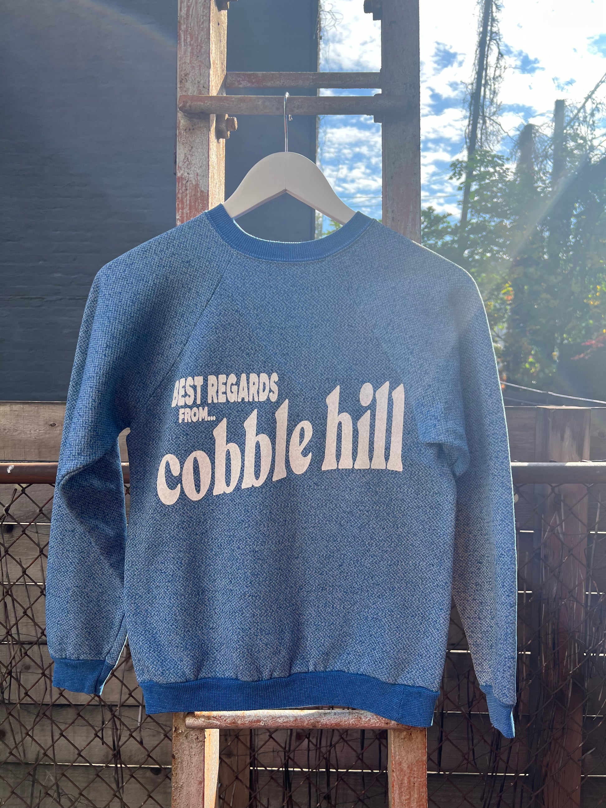 Neighborhood postcard upcycled sweatshirt, Cobble Hill – Rue Saint Neighborhood postcard upcycled sweatshirt, Cobble Hill – Rue Saint
