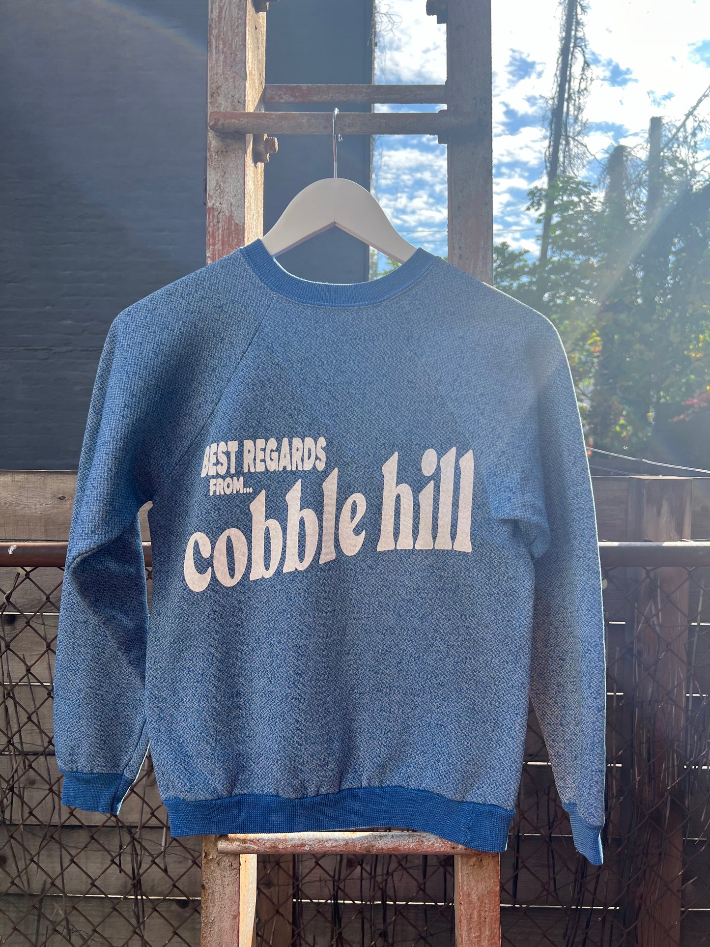 Neighborhood postcard upcycled sweatshirt, Cobble Hill