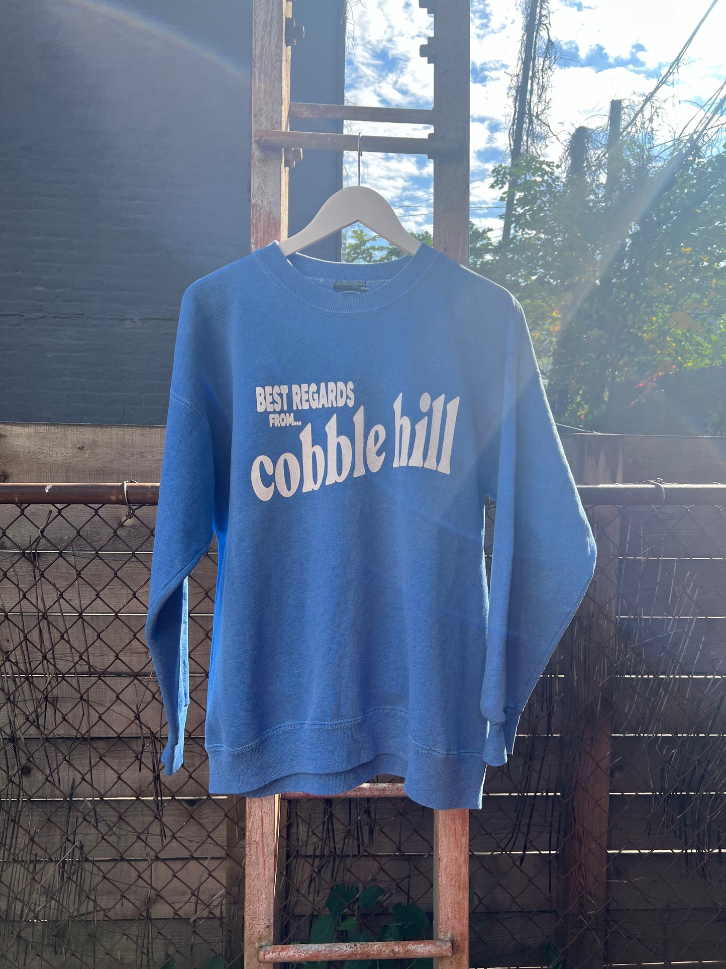Neighborhood postcard upcycled sweatshirt, Cobble Hill