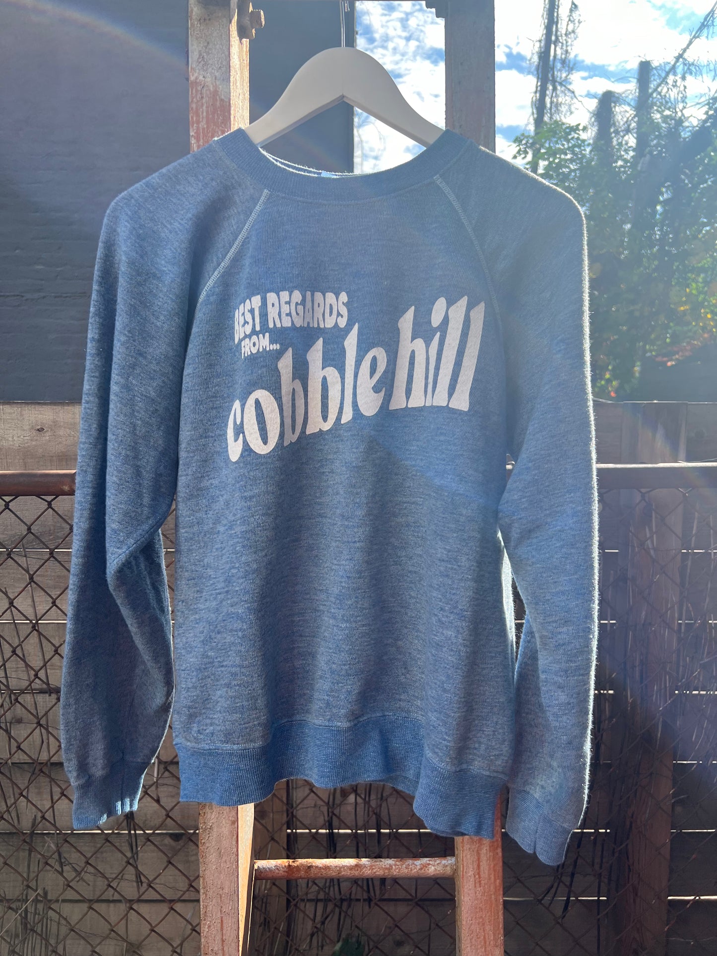 Neighborhood postcard upcycled sweatshirt, Cobble Hill